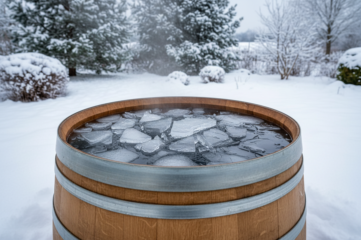 Winterliches Eisbadefass aus Weinfass mit Eisfläche im verschneiten Garten