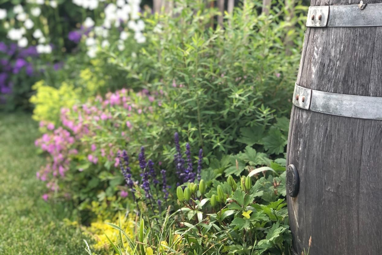 Ein Weinfass mitten in einem Gartenbeet