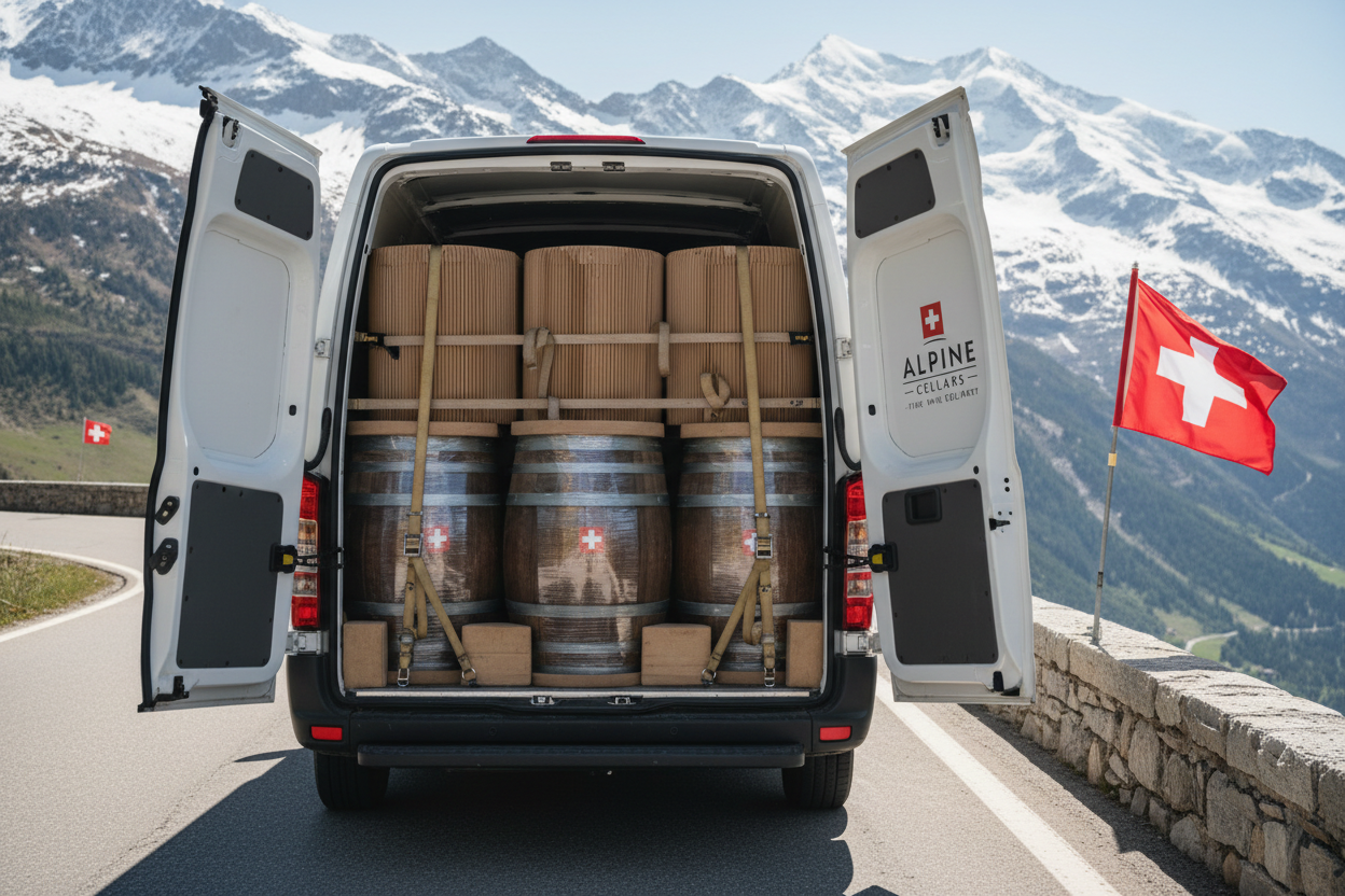 Transport von Weinfässern im Lieferfahrzeug für die Schweiz