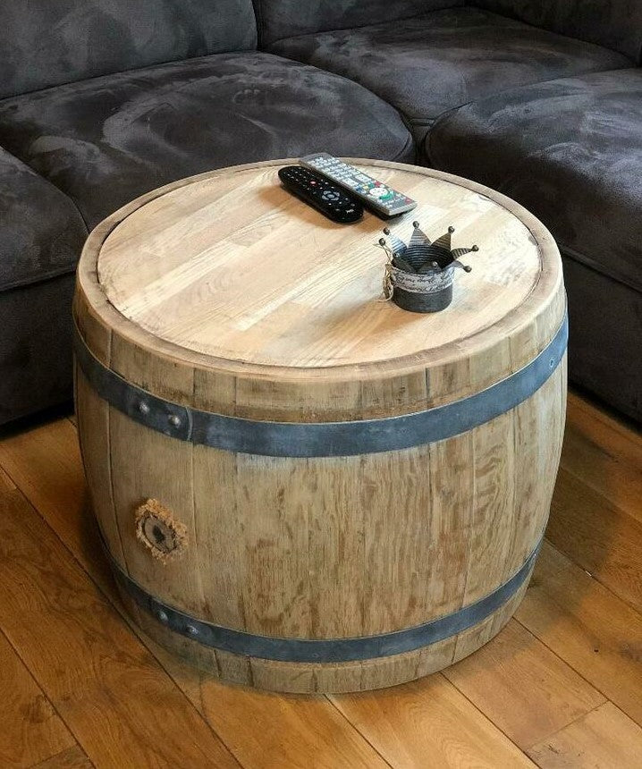 Bauchiger Weinfass Couchtisch mit Holzplatte aus Weinfass Mittelteil