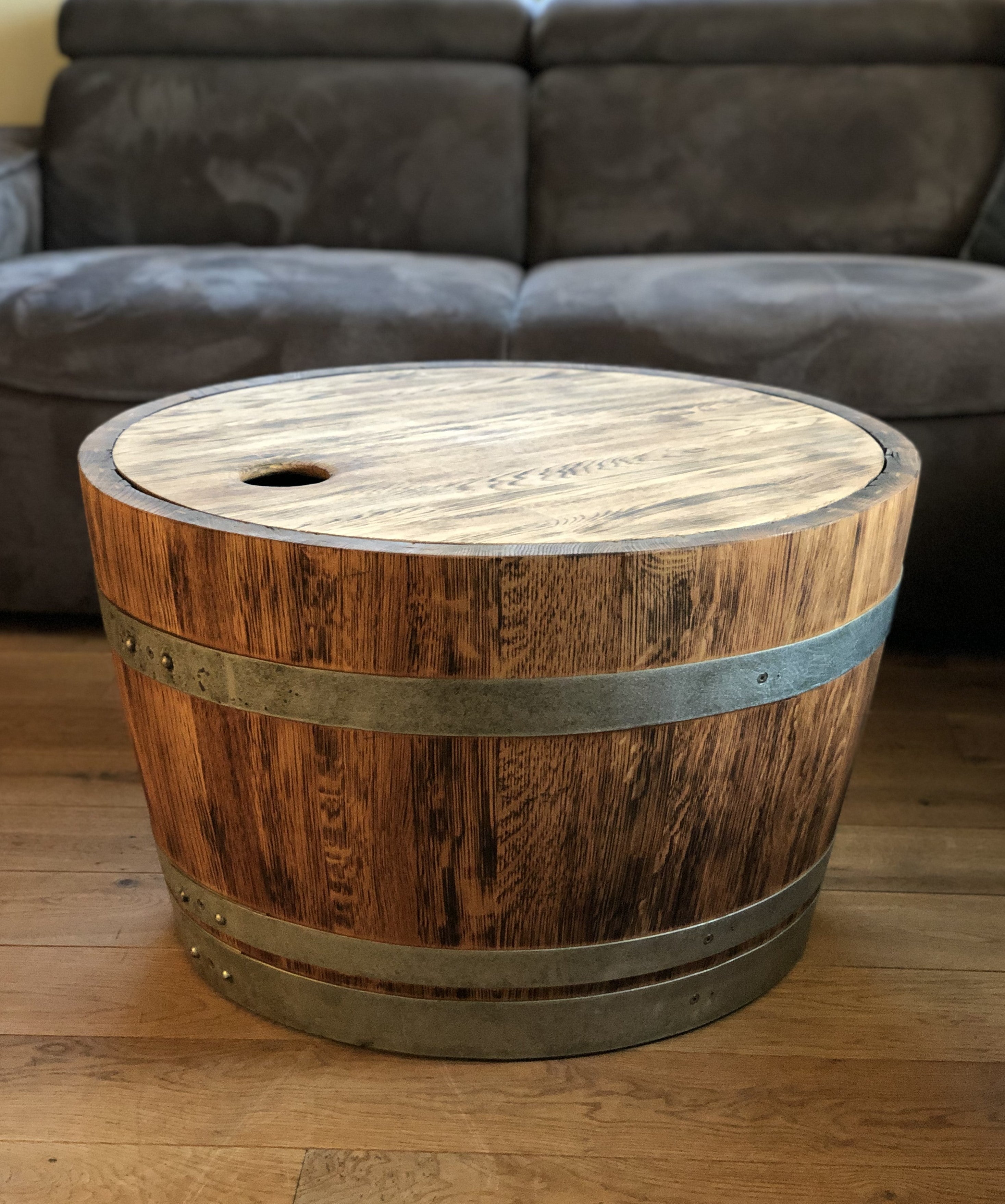 Weinfass Couchtisch mit Holzdeckel rustikal