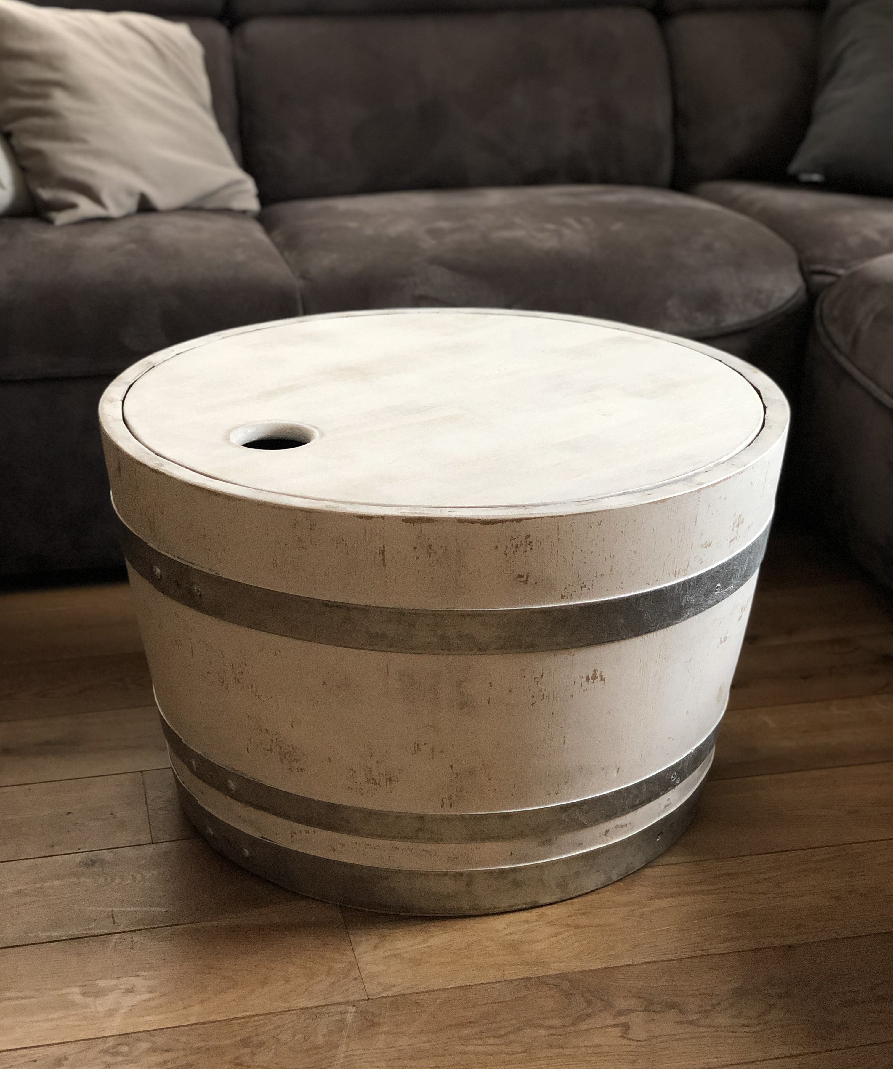 Weinfass Couchtisch mit Holzdeckel Shabby White