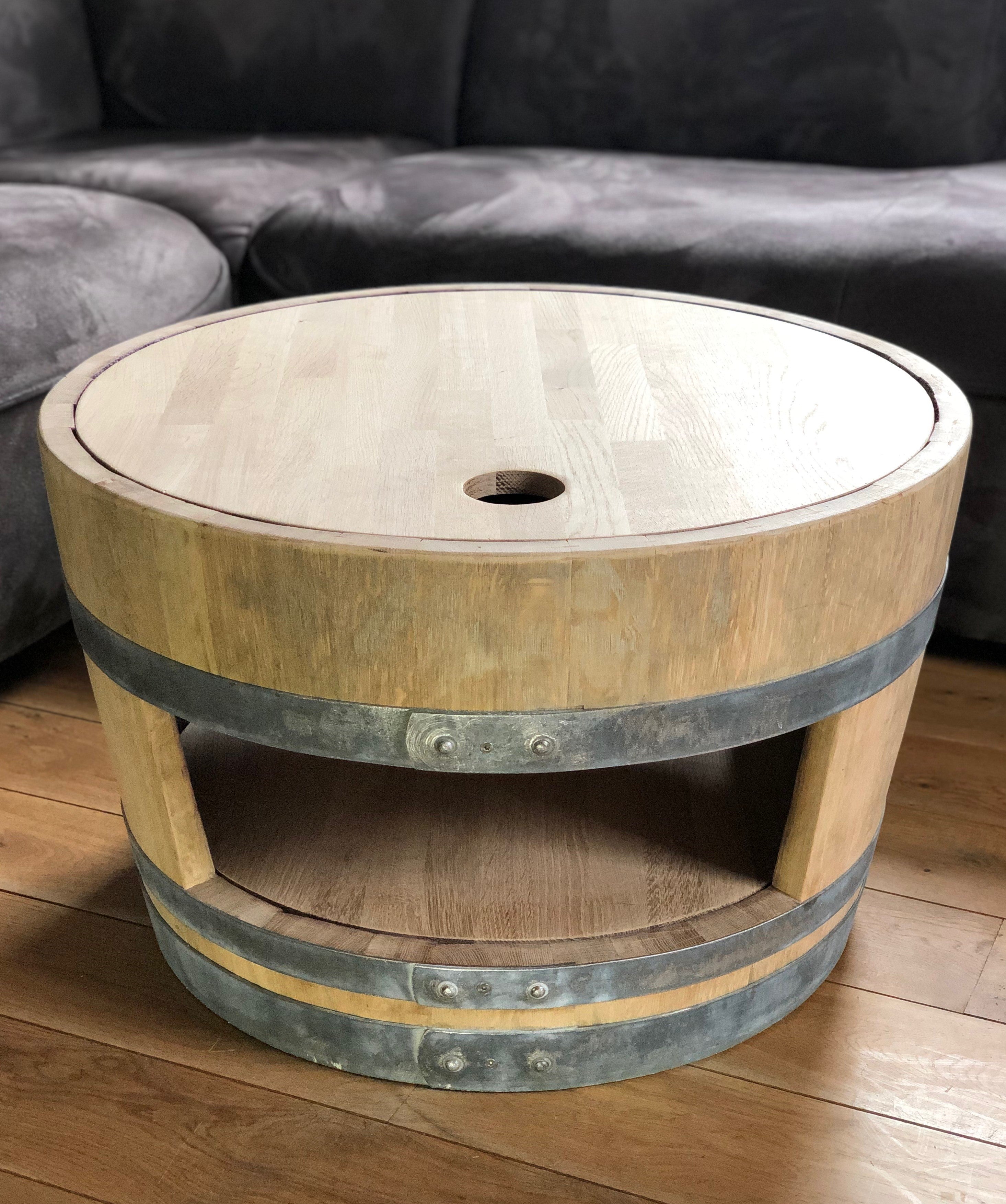 Weinfass Couchtisch mit Holzdeckel und Einlegeboden natur