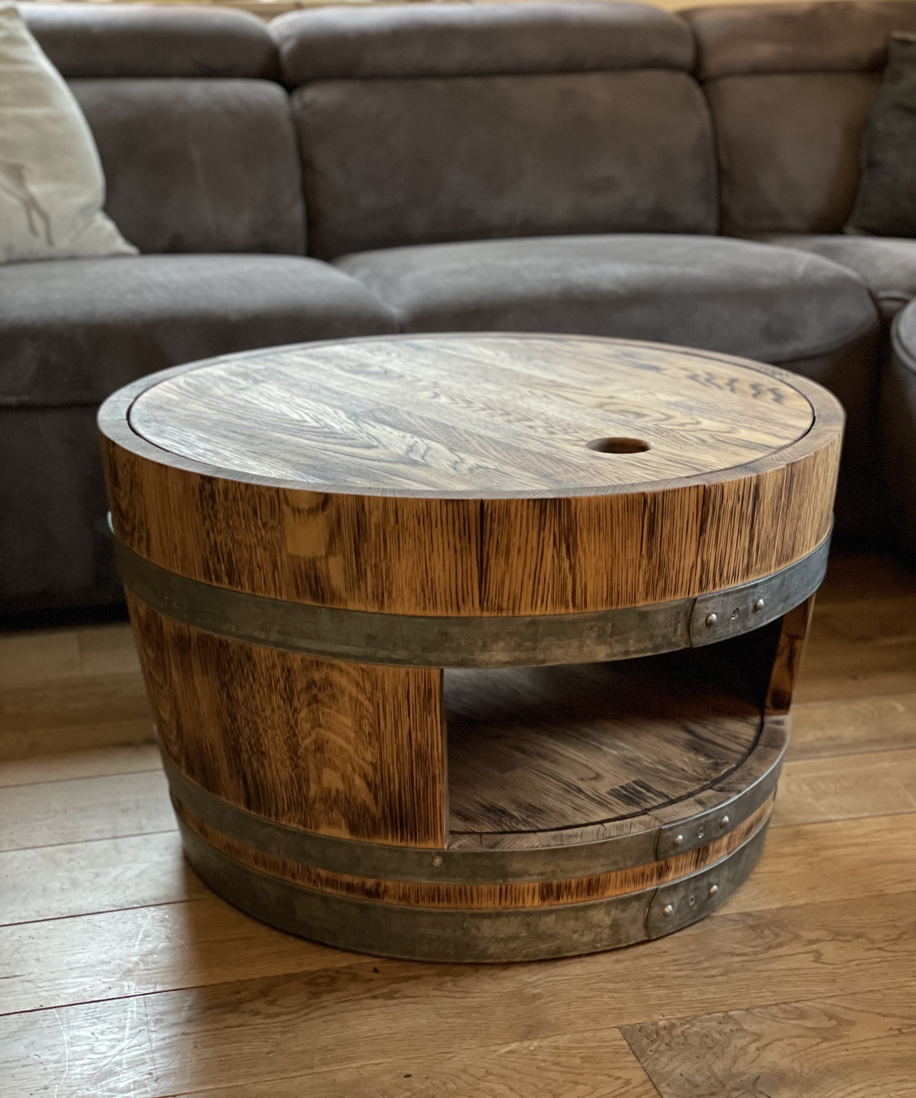 Weinfass Couchtisch mit Holzdeckel und Einlegeboden Rustikal