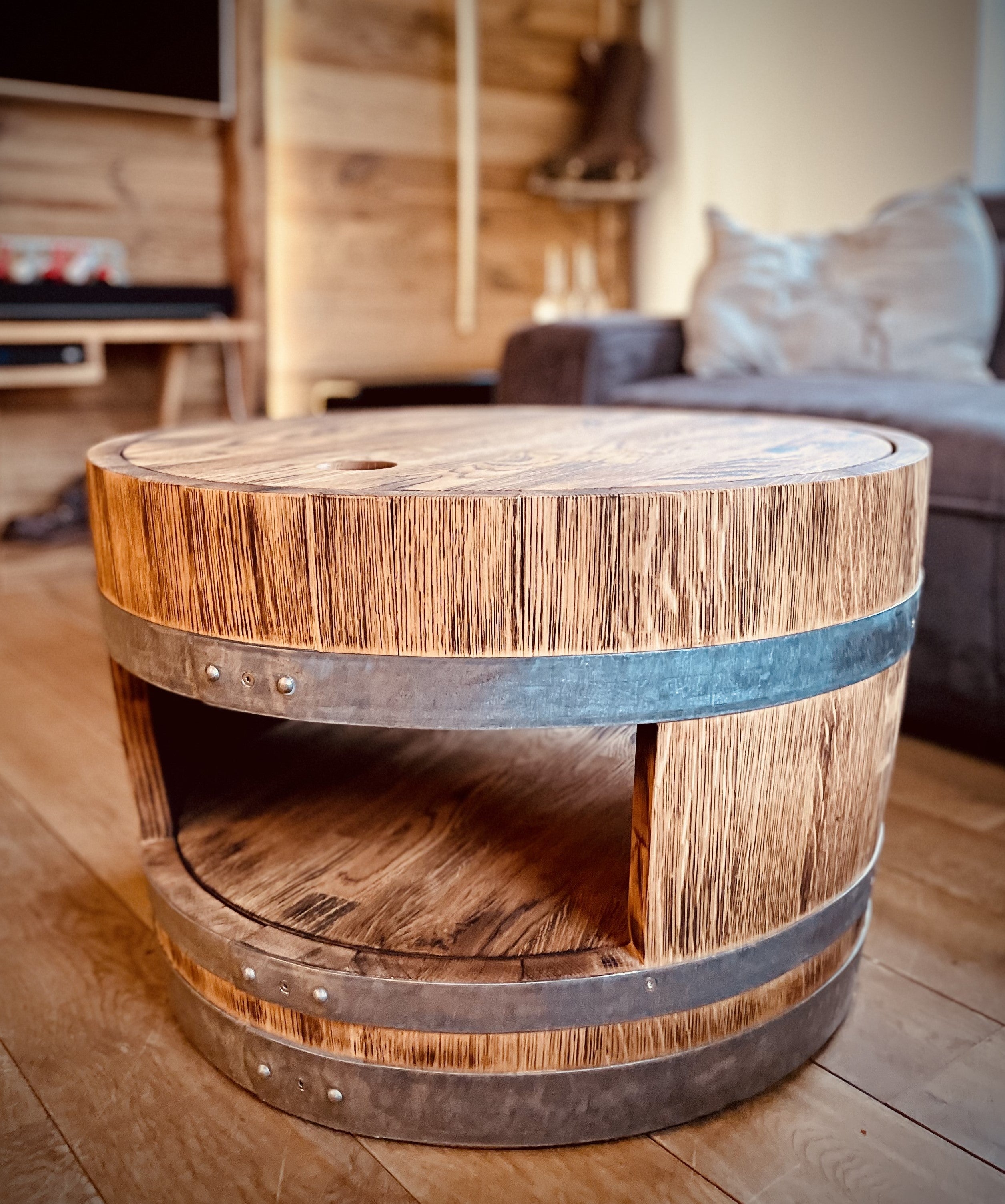 Weinfass Couchtisch mit Holzdeckel und Einlegeboden Rustikal