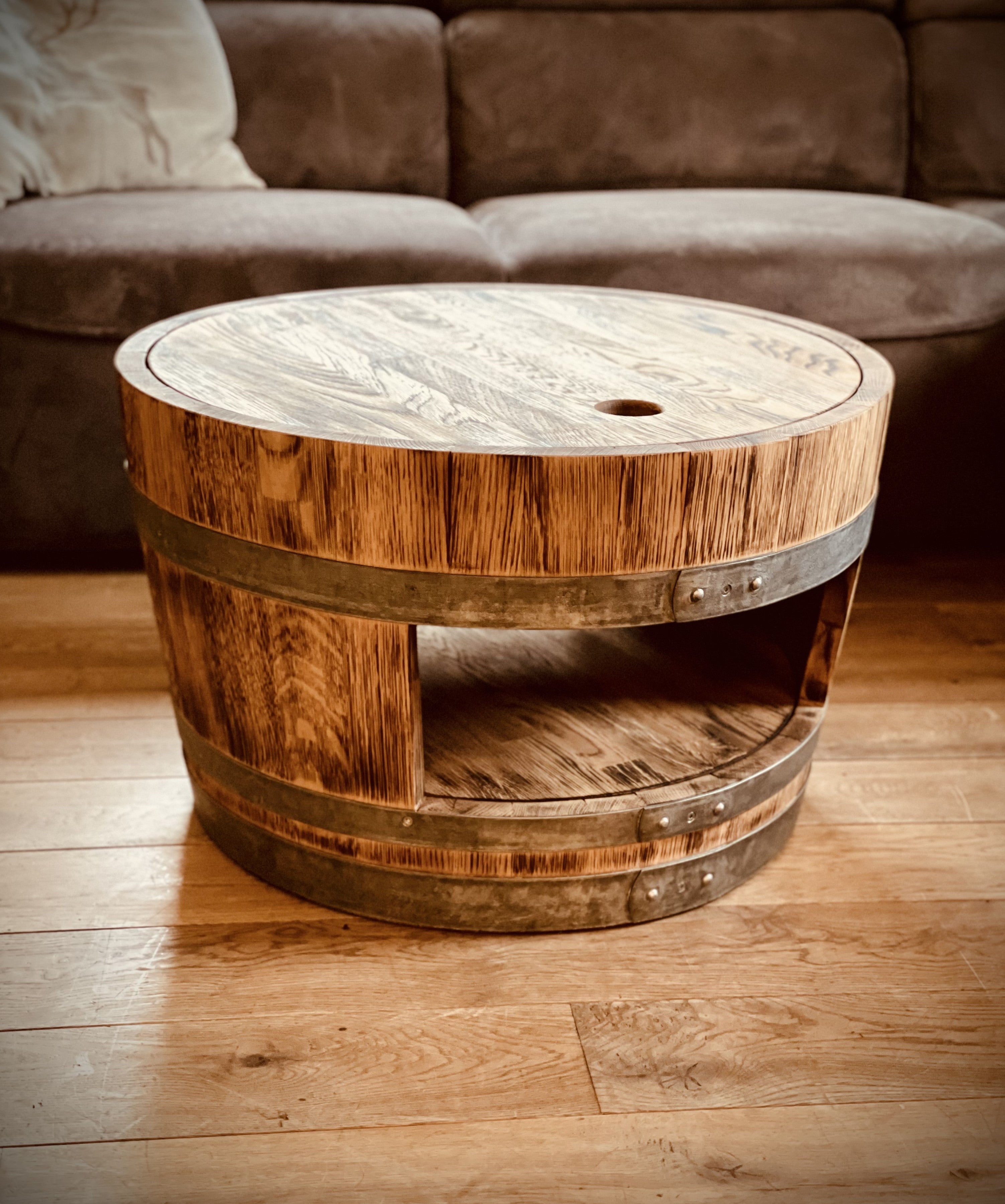 Weinfass Couchtisch mit Holzdeckel und Einlegeboden Rustikal