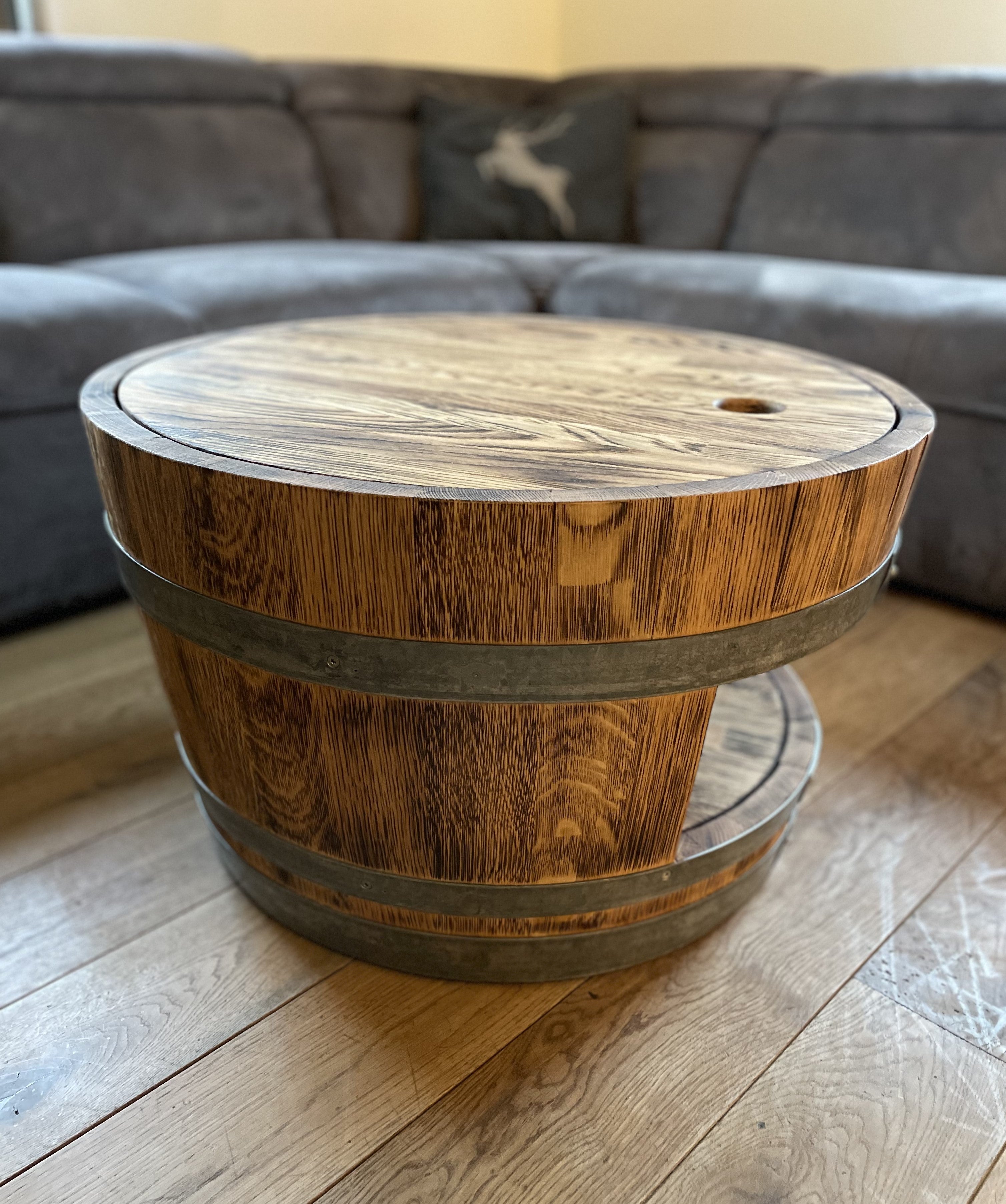 Weinfass Couchtisch mit Holzdeckel und Einlegeboden Rustikal