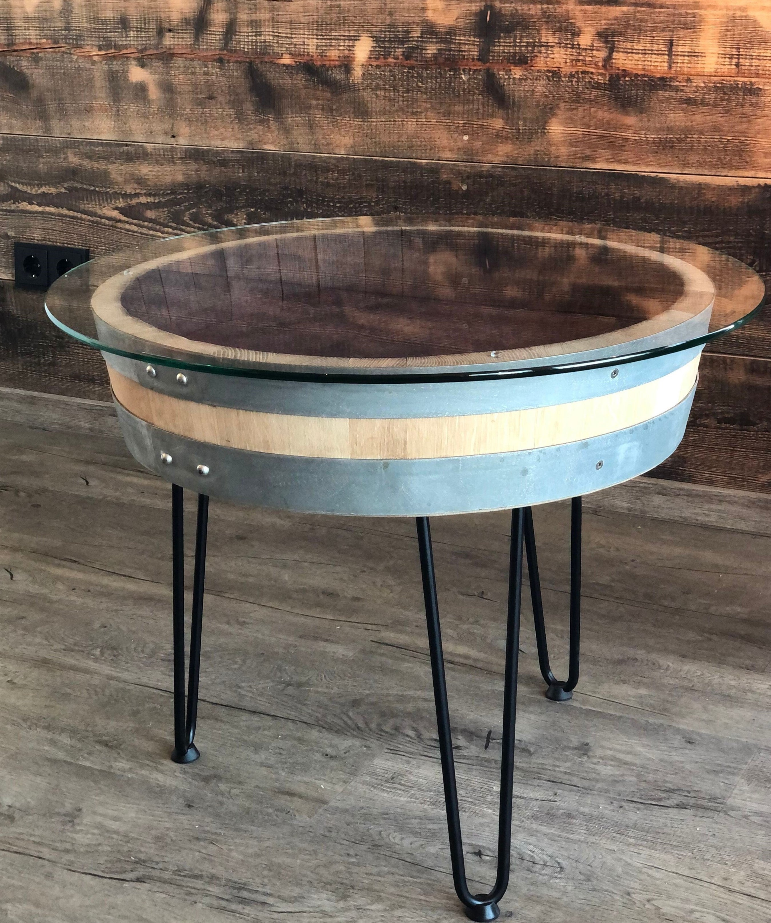 Weinfass Couchtisch Dreibein mit (70er) Glasplatte