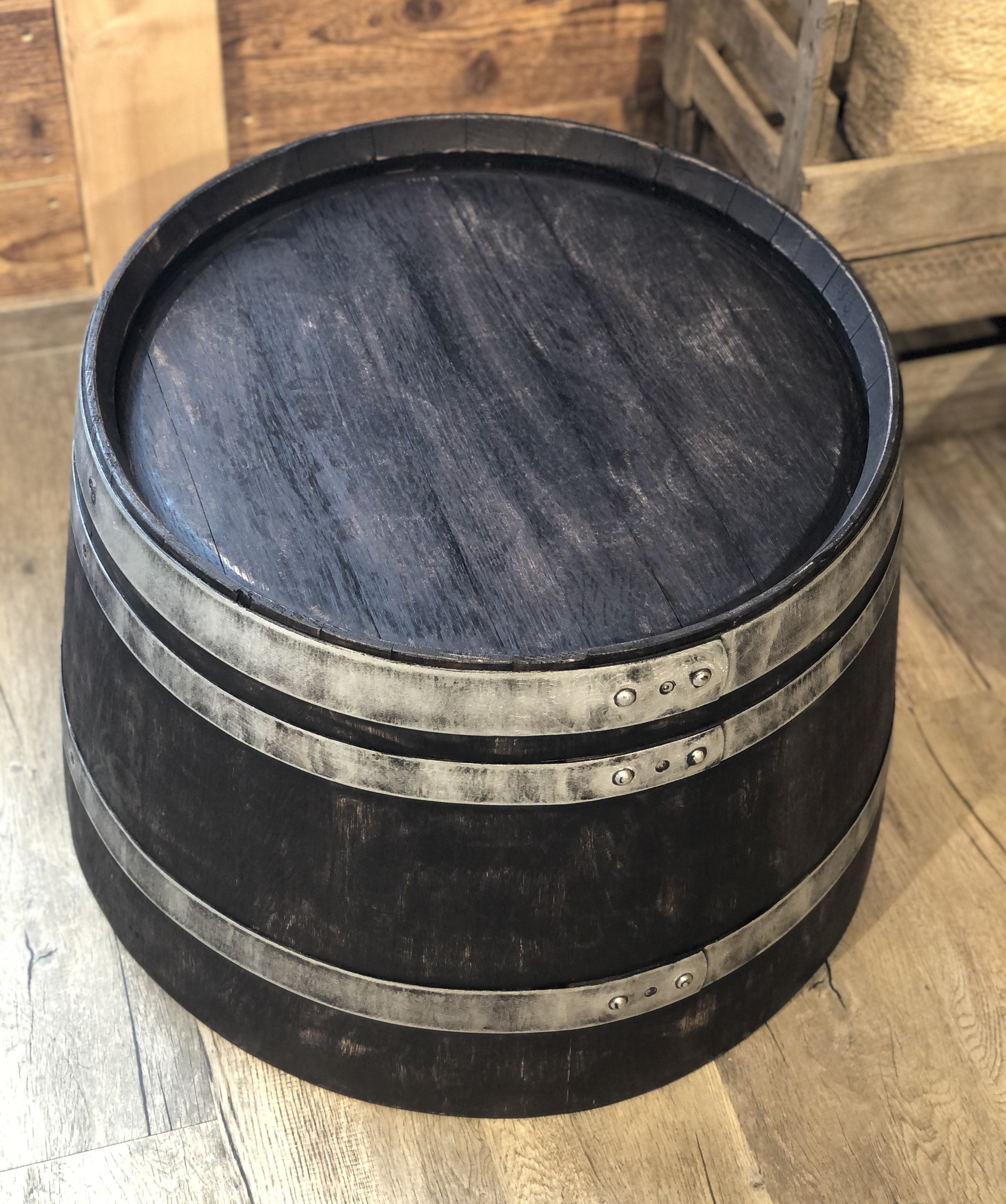 Weinfass Couchtisch Shabby Black - halbes Weinfass