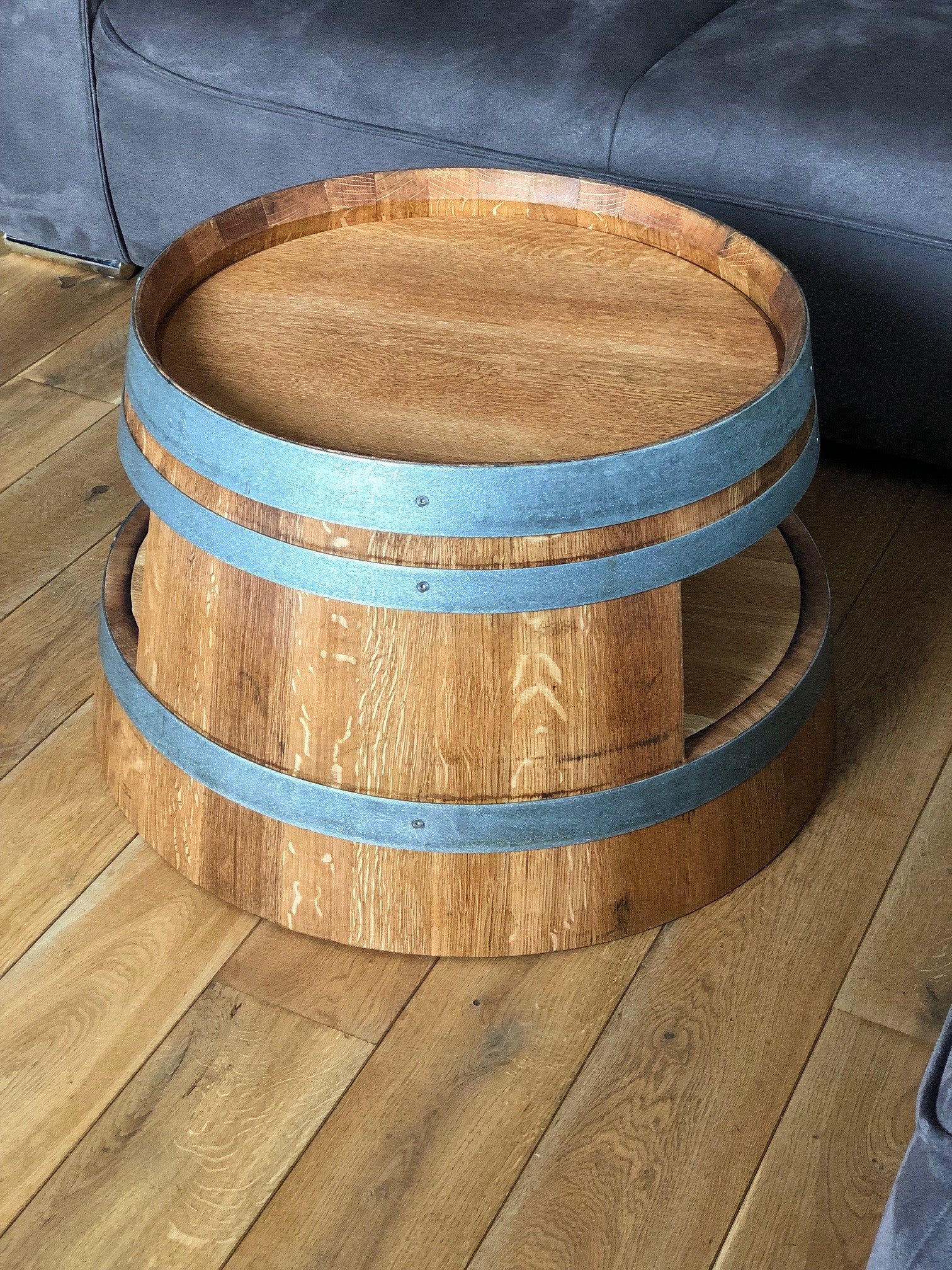 Weinfass Couchtisch mit Einlegeboden geölt