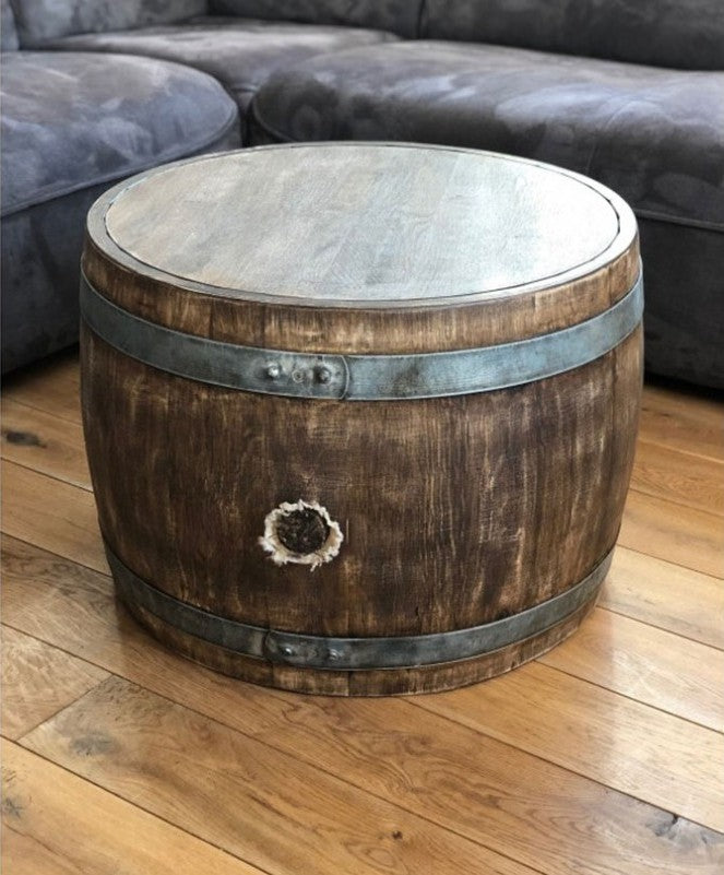 Bauchiger Weinfass Couchtisch mit Holzplatte aus Weinfass Mittelteil