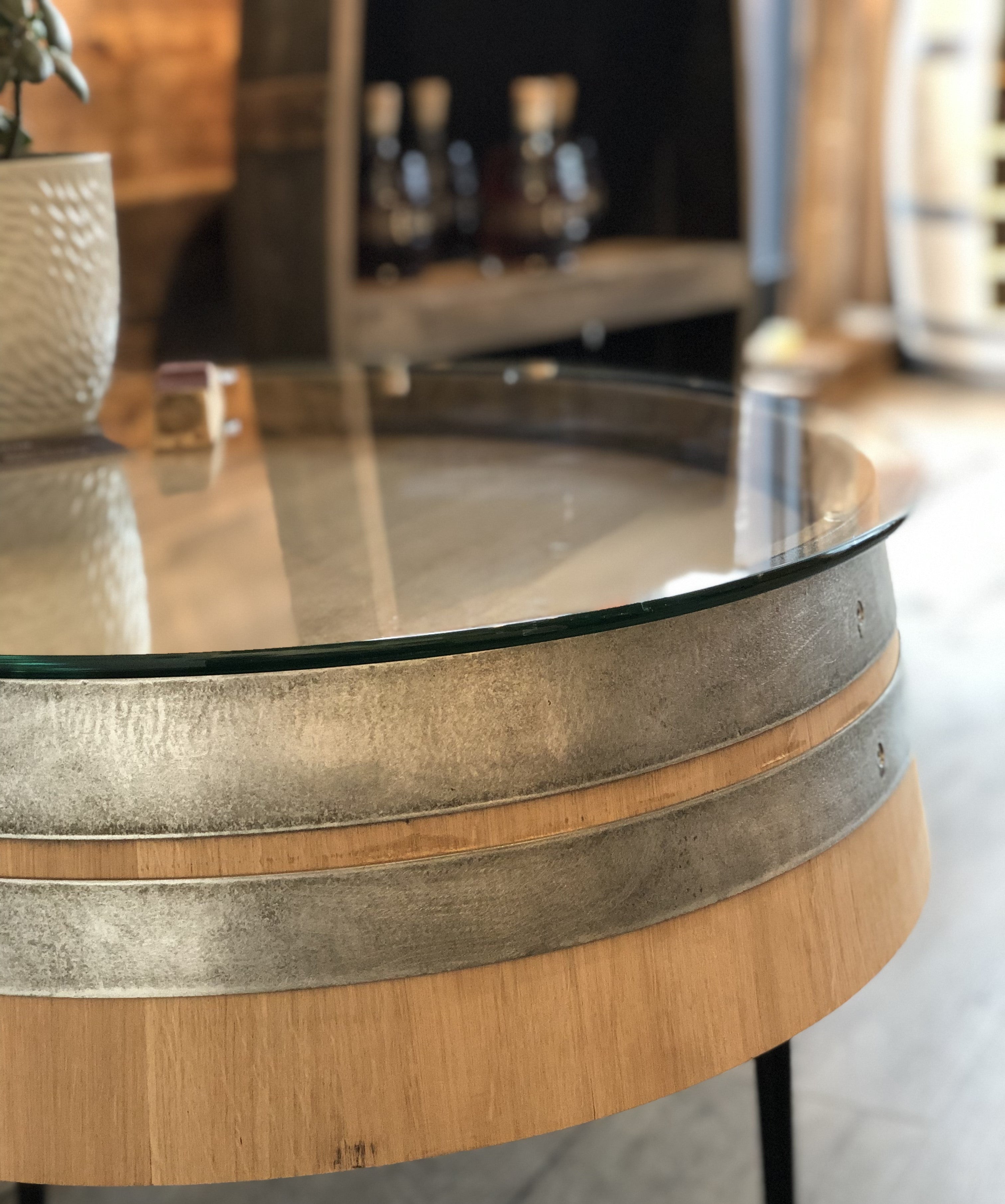 Weinfass Couchtisch Dreibein mit (60er) Glasplatte