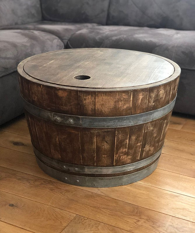 Weinfass Couchtisch mit Holzdeckel Whiskyfass Optik