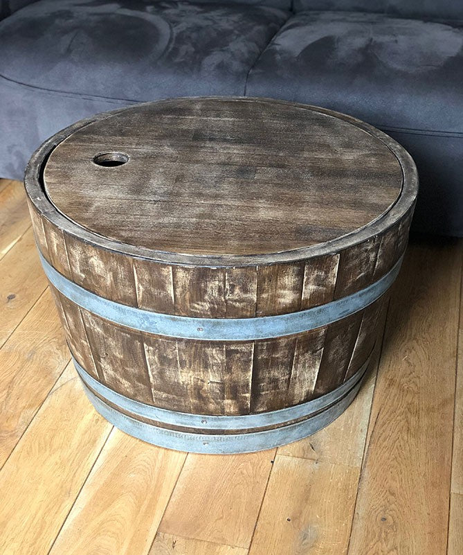 Weinfass Couchtisch mit Holzdeckel Whiskyfass Optik