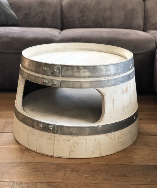 Weinfass Couchtisch mit Einlegeboden und runden Ecken, shabby white Weinfass Couchtisch mit Einlegeboden und runden Ecken, shabby white