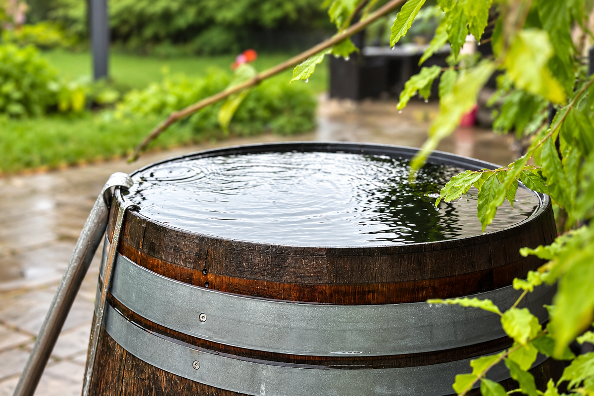 Eisbadefass aus Eichenholz mit klarem Wasser im Garten