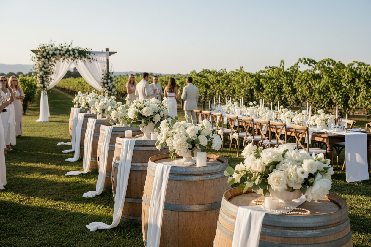 Dekorierte Weinfässer bei einer Hochzeit im Weinberg