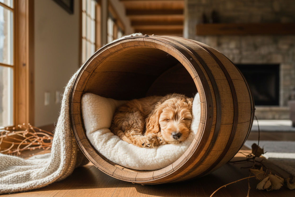 Hundekörbchen aus einem echten Weinfass mit schlafendem Hund