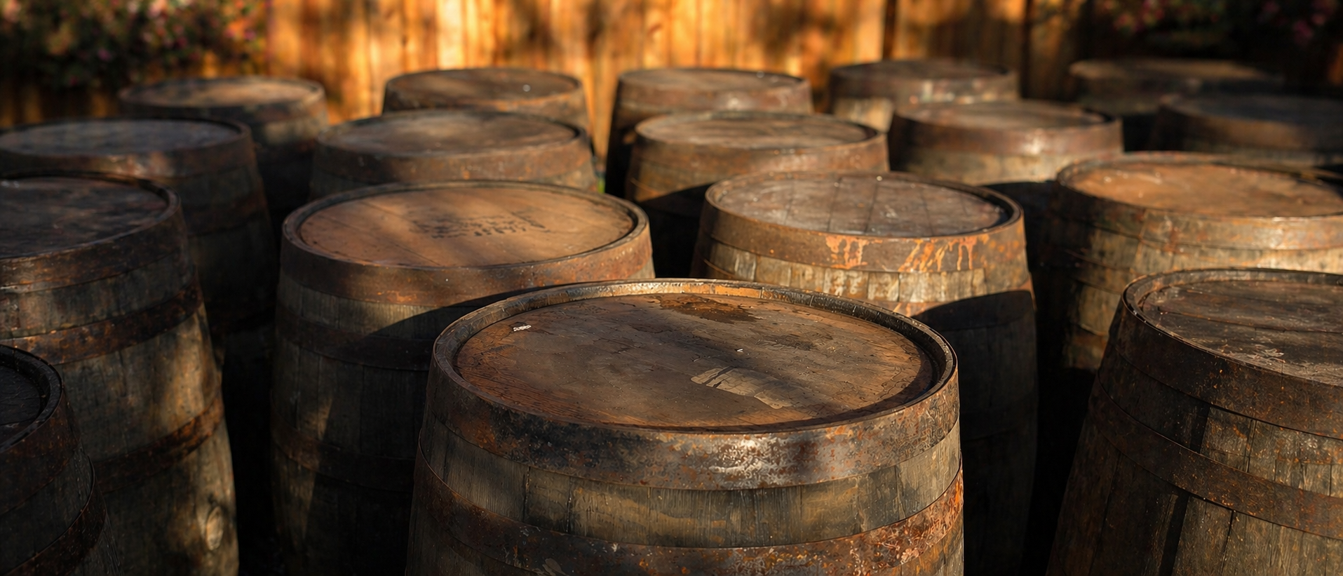 Mehrere alte Whiskyfässer aus Holz stehen dicht beieinander im warmen Sonnenlicht, ihre verwitterte Oberfläche und Metallringe zeigen eine rustikale, authentische Patina vor einem weichgezeichneten Holzhintergrund.