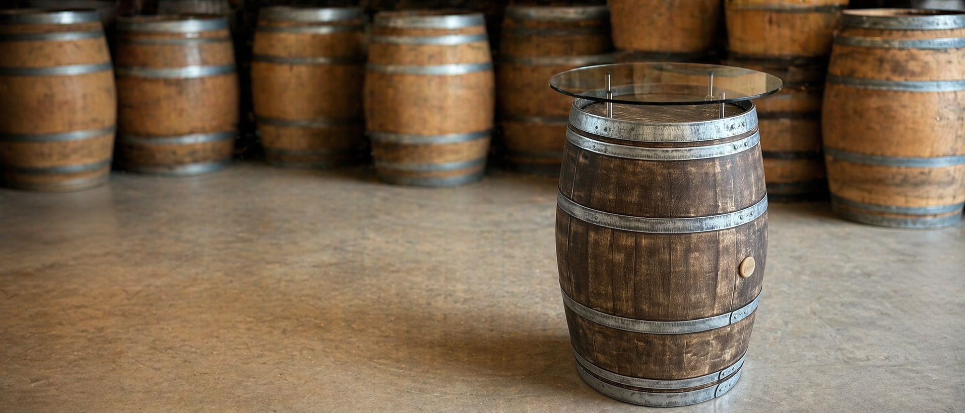 Dunkles Weinfass mit Glasplatte als Couchtisch, rechts im Bild platziert, davor freier Bodenbereich; im Hintergrund mehrere unscharfe Holzfässer in einer rustikalen Lagerhalle.