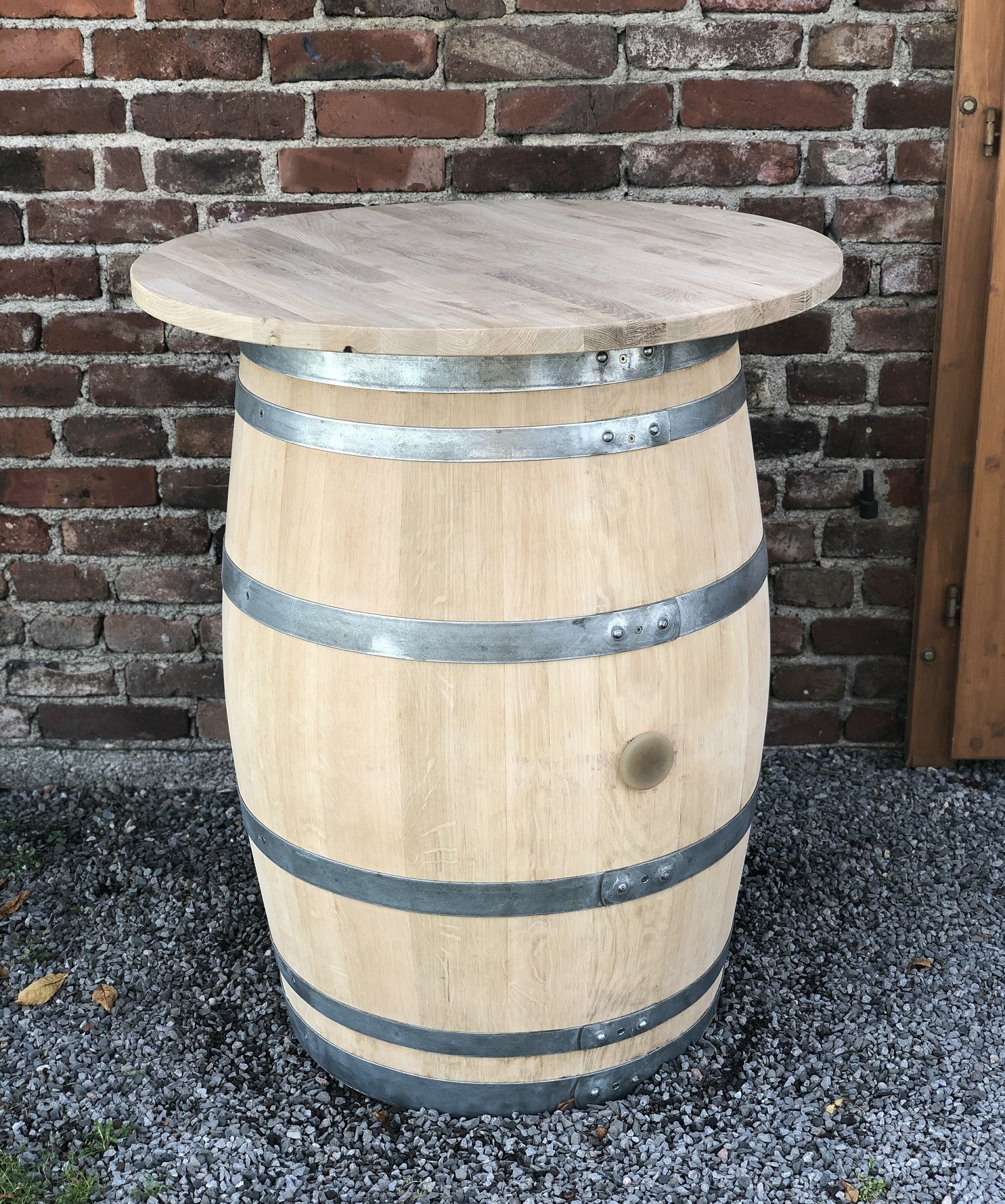 Weinfass Stehtisch mit Eichenholzplatte natur