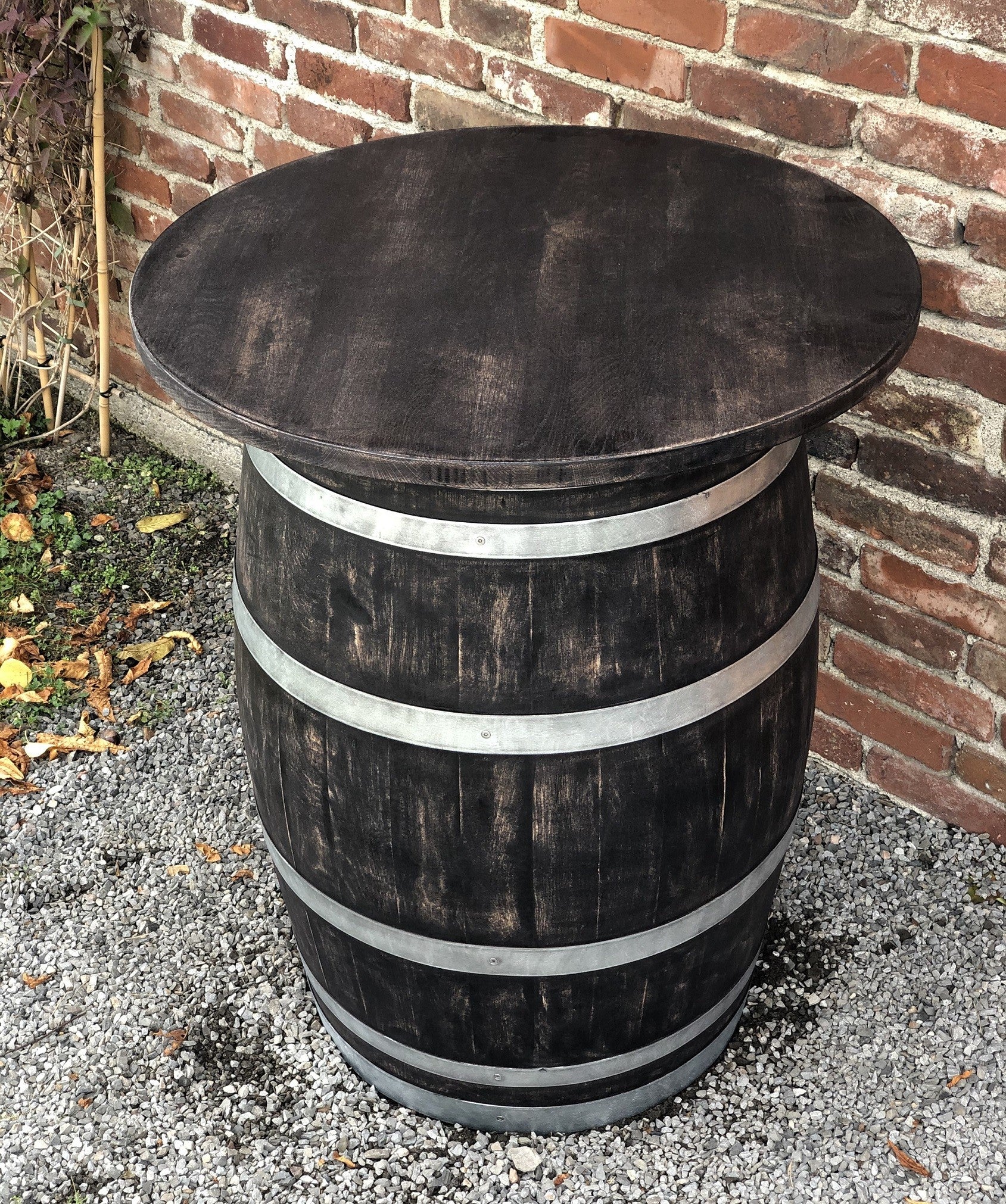 Weinfass Stehtisch mit Eichenholzplatte shabby black
