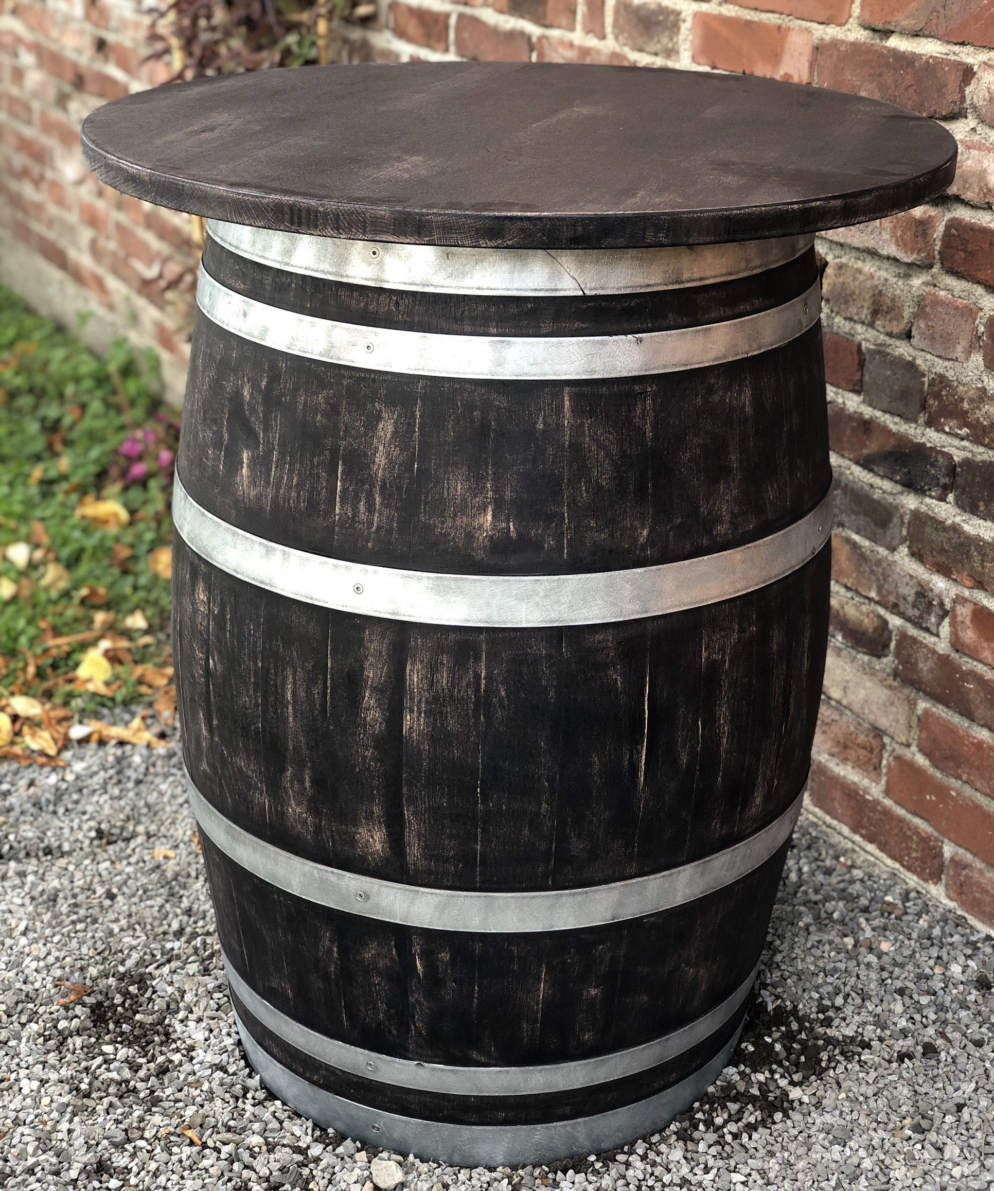 Weinfass Stehtisch mit Eichenholzplatte shabby black