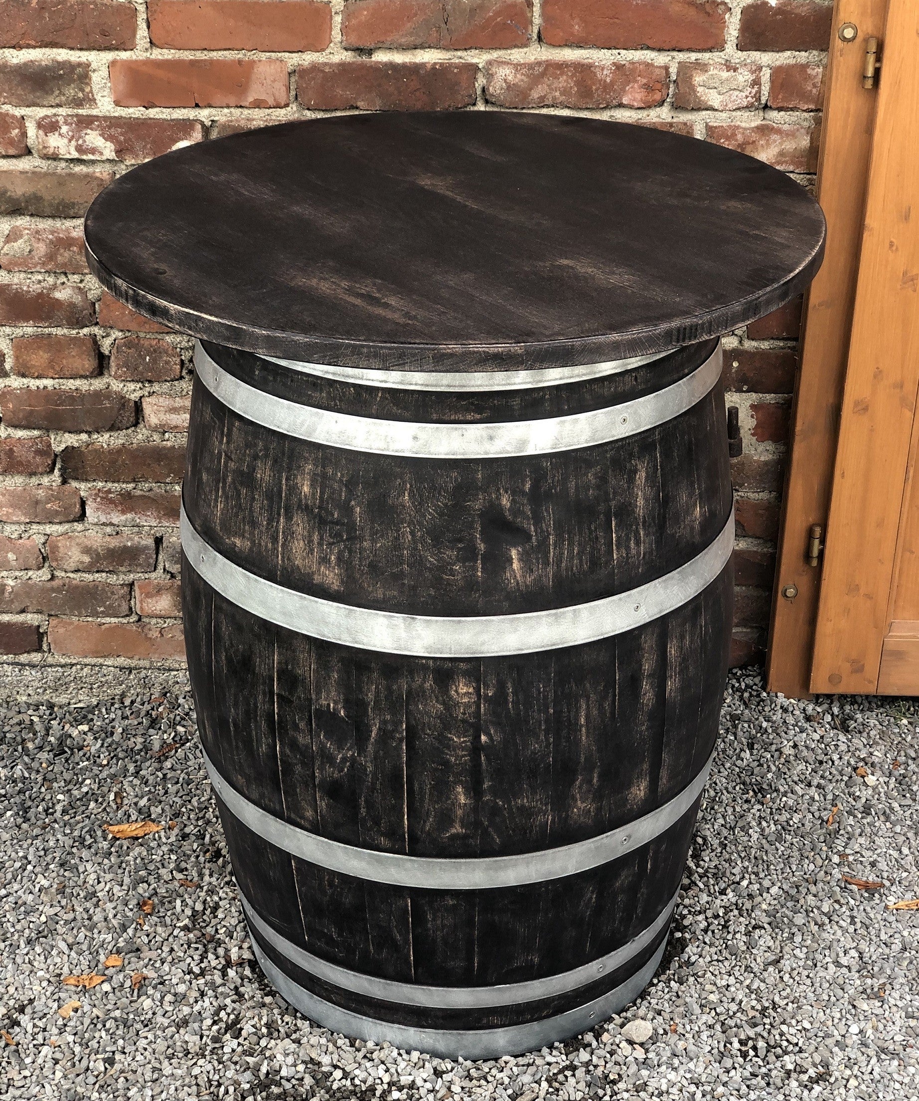 Weinfass Stehtisch mit Eichenholzplatte shabby black