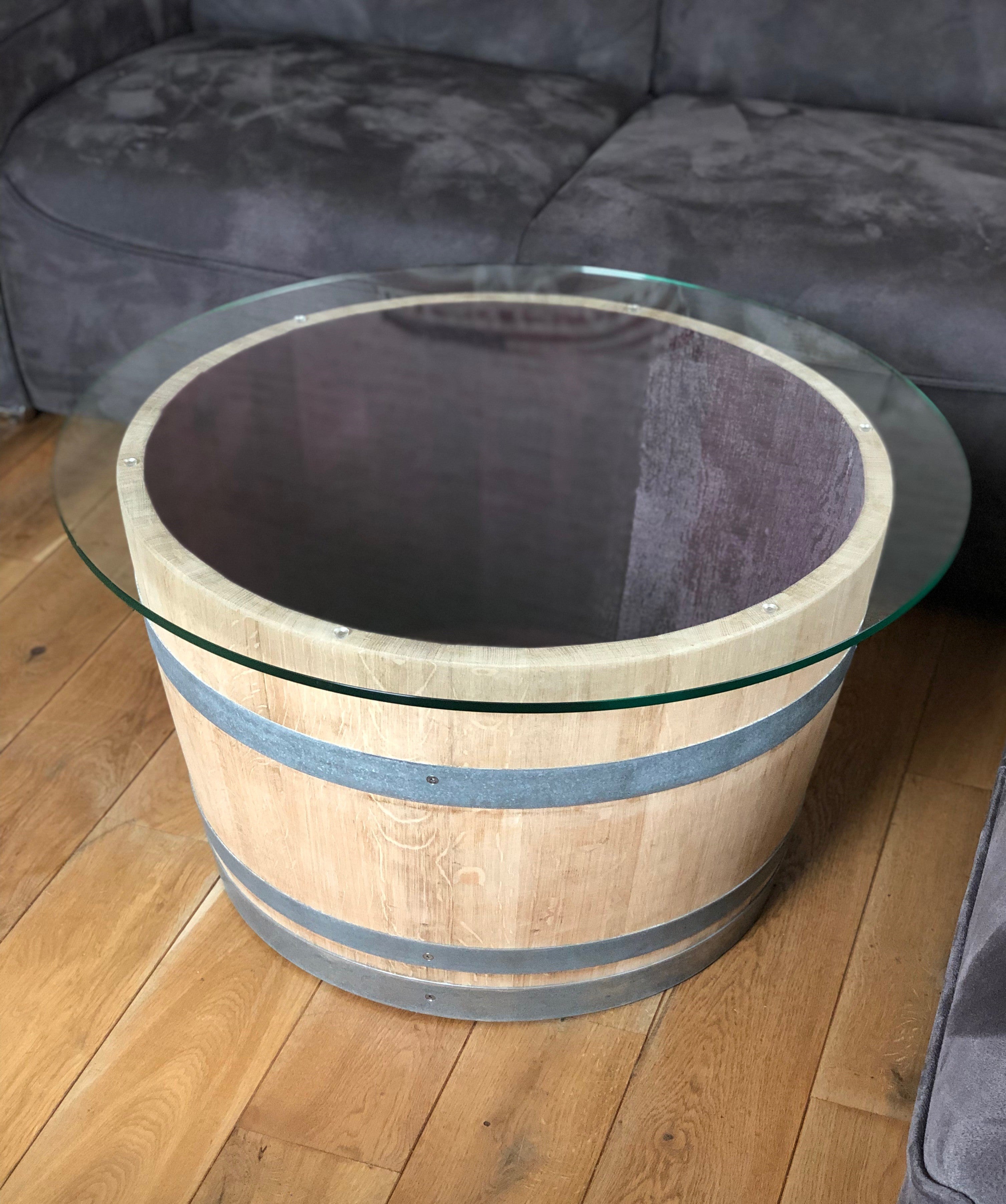 Weinfass Couchtisch mit großer (80er) Glasplatte