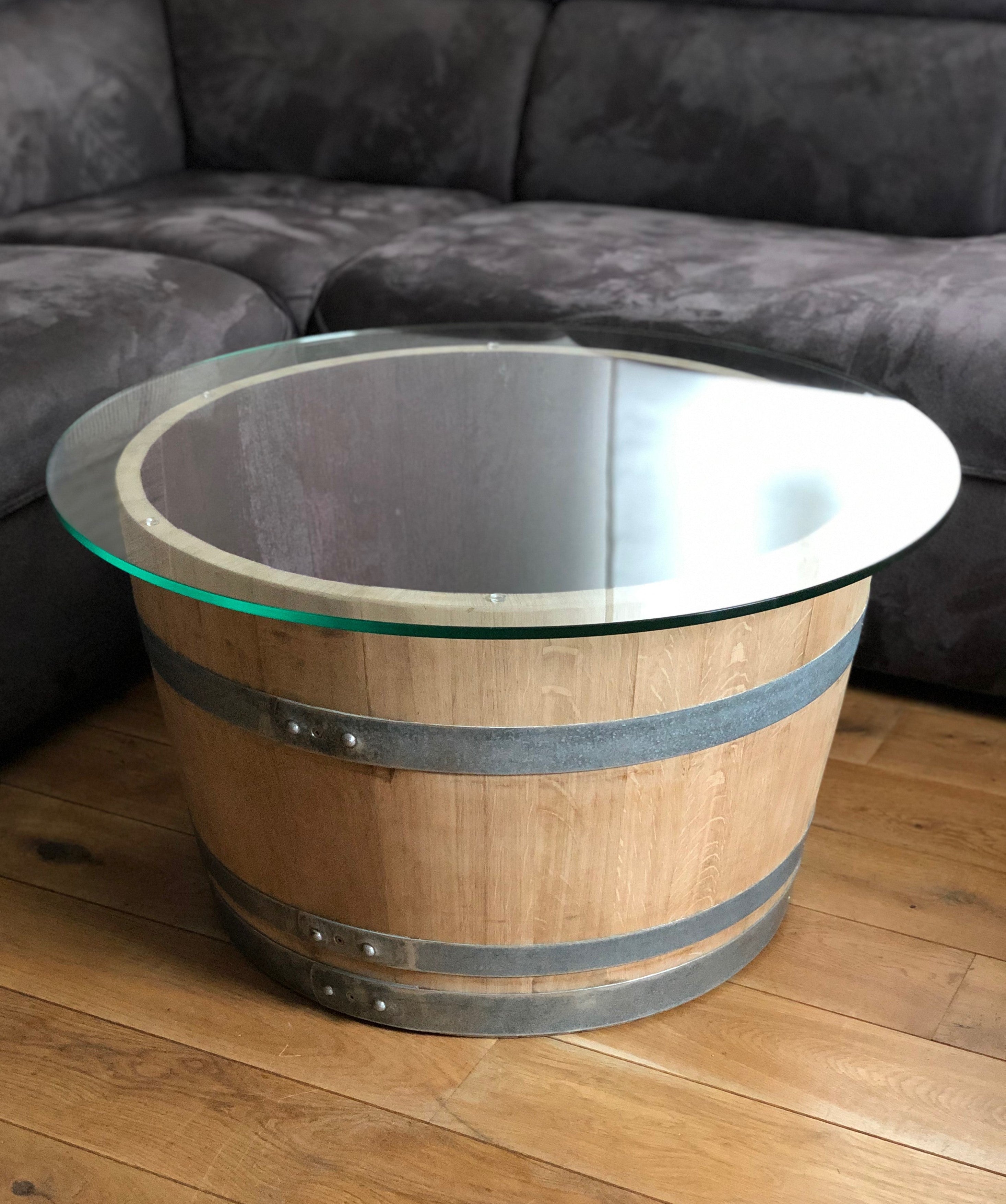 Weinfass Couchtisch mit großer (80er) Glasplatte