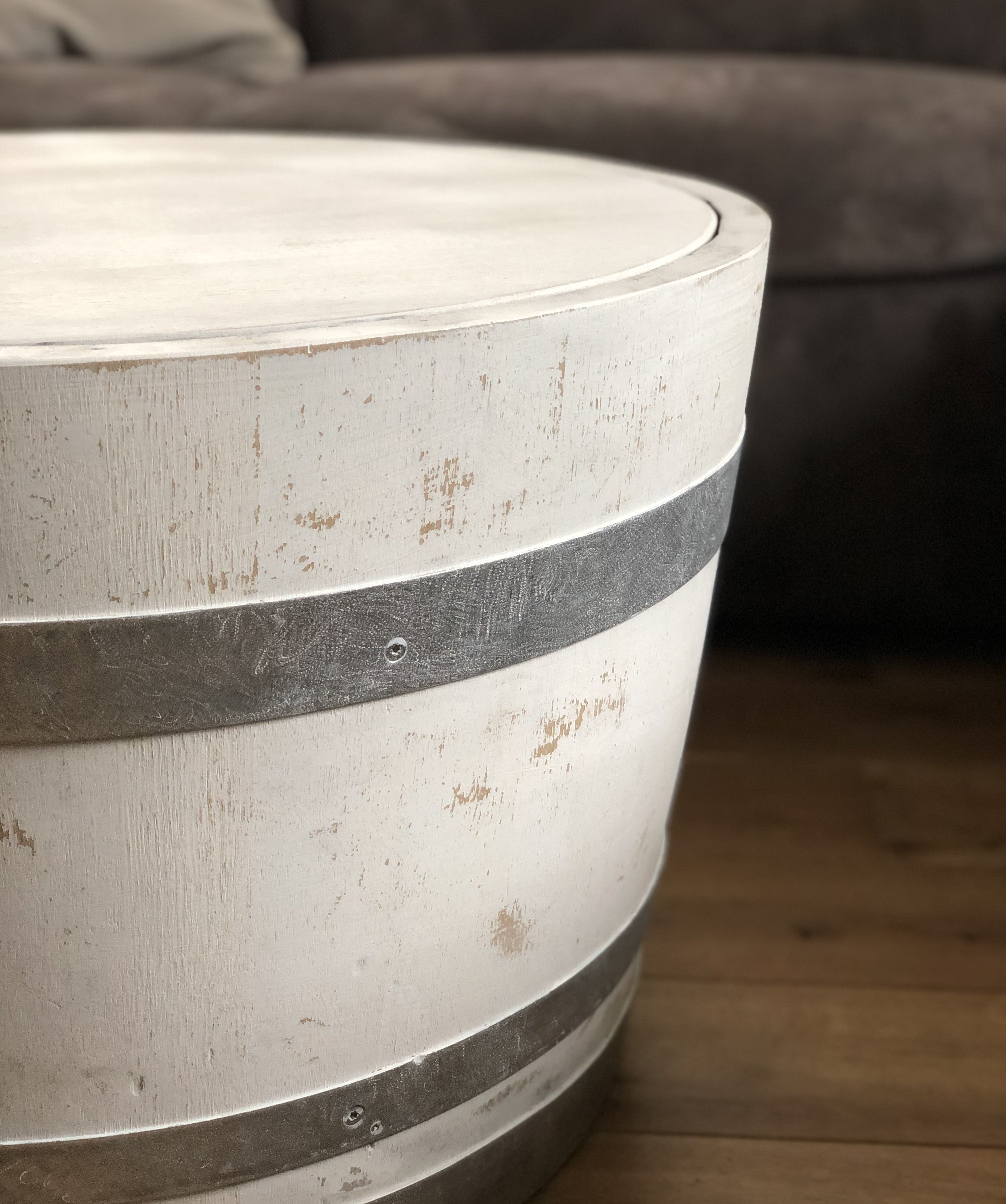 Weinfass Couchtisch mit Holzdeckel Shabby White