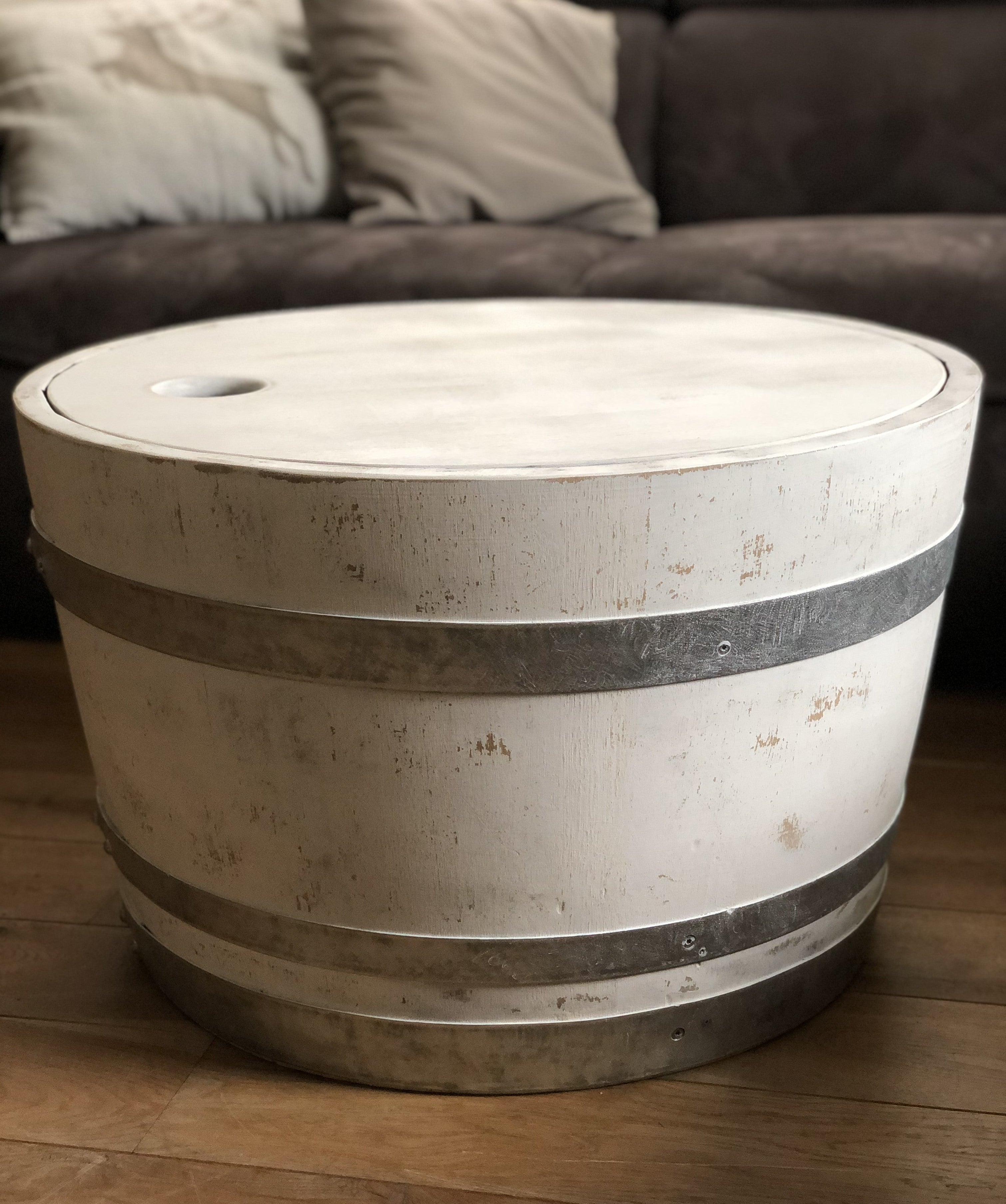 Weinfass Couchtisch mit Holzdeckel Shabby White