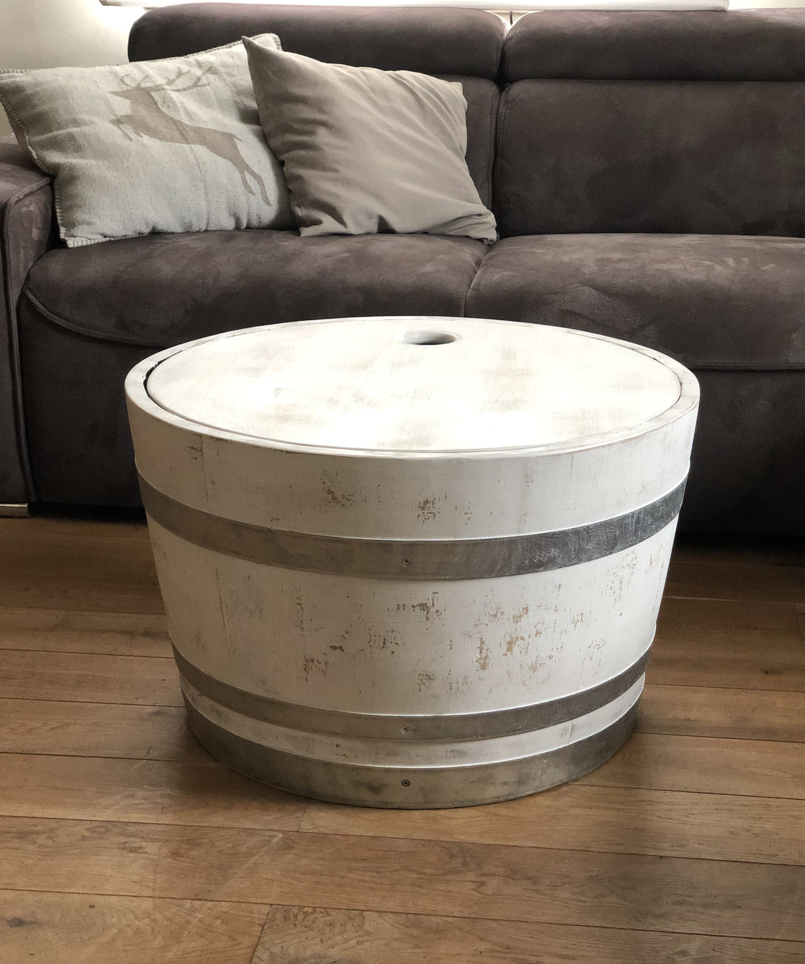 Weinfass Couchtisch mit Holzdeckel Shabby White