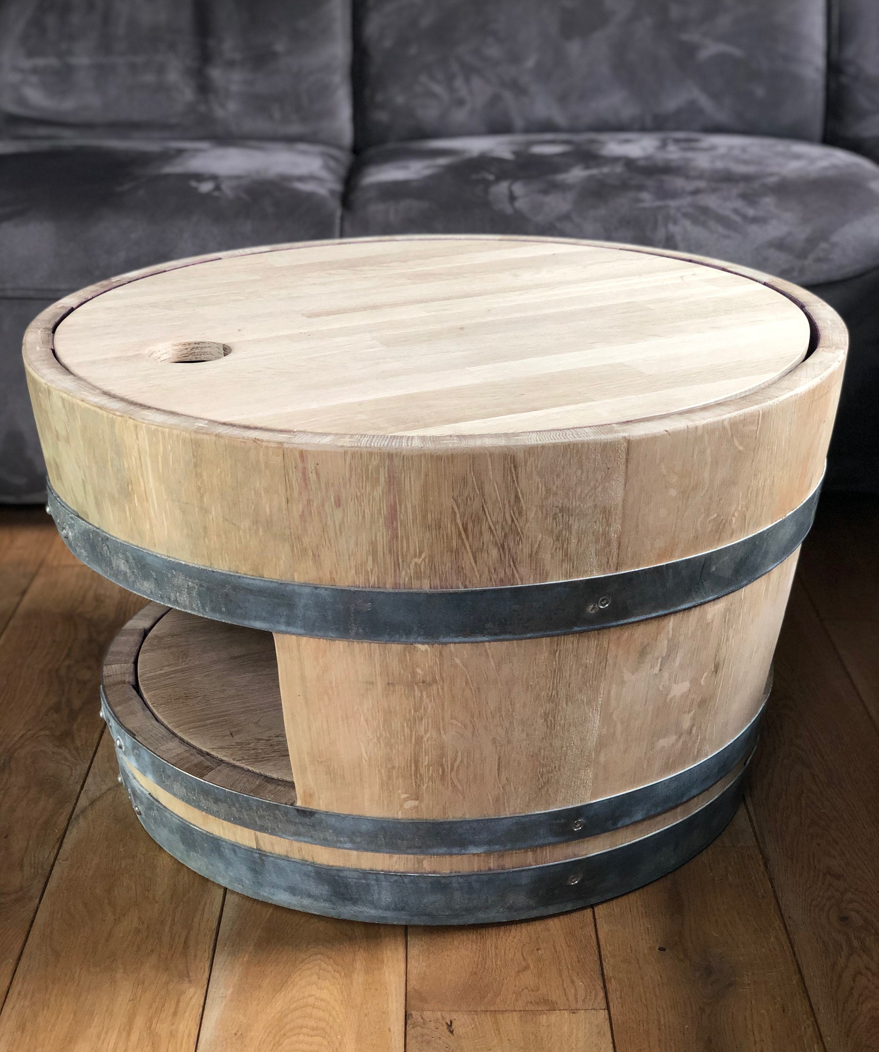 Weinfass Couchtisch mit Holzdeckel und Einlegeboden natur
