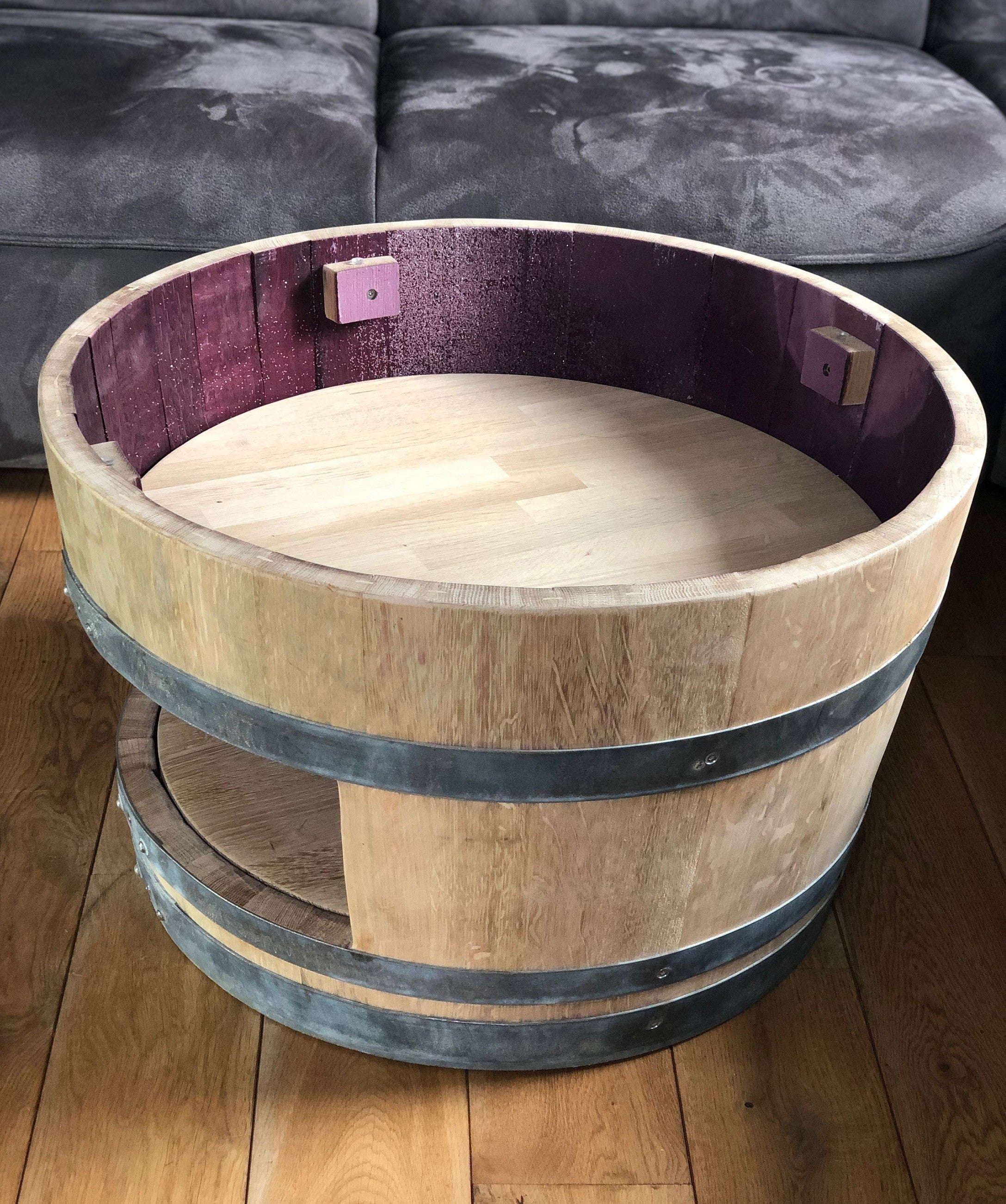 Weinfass Couchtisch mit Holzdeckel und Einlegeboden natur