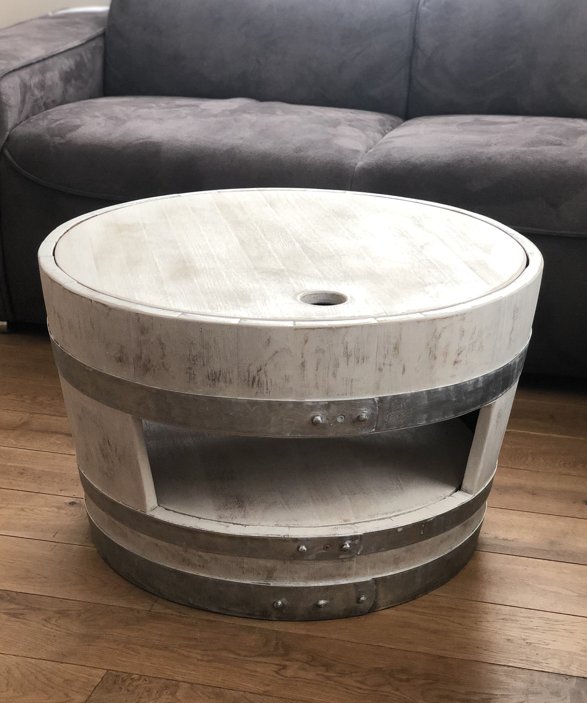 Weinfass Couchtisch mit Holzdeckel und Einlegeboden Shabby White