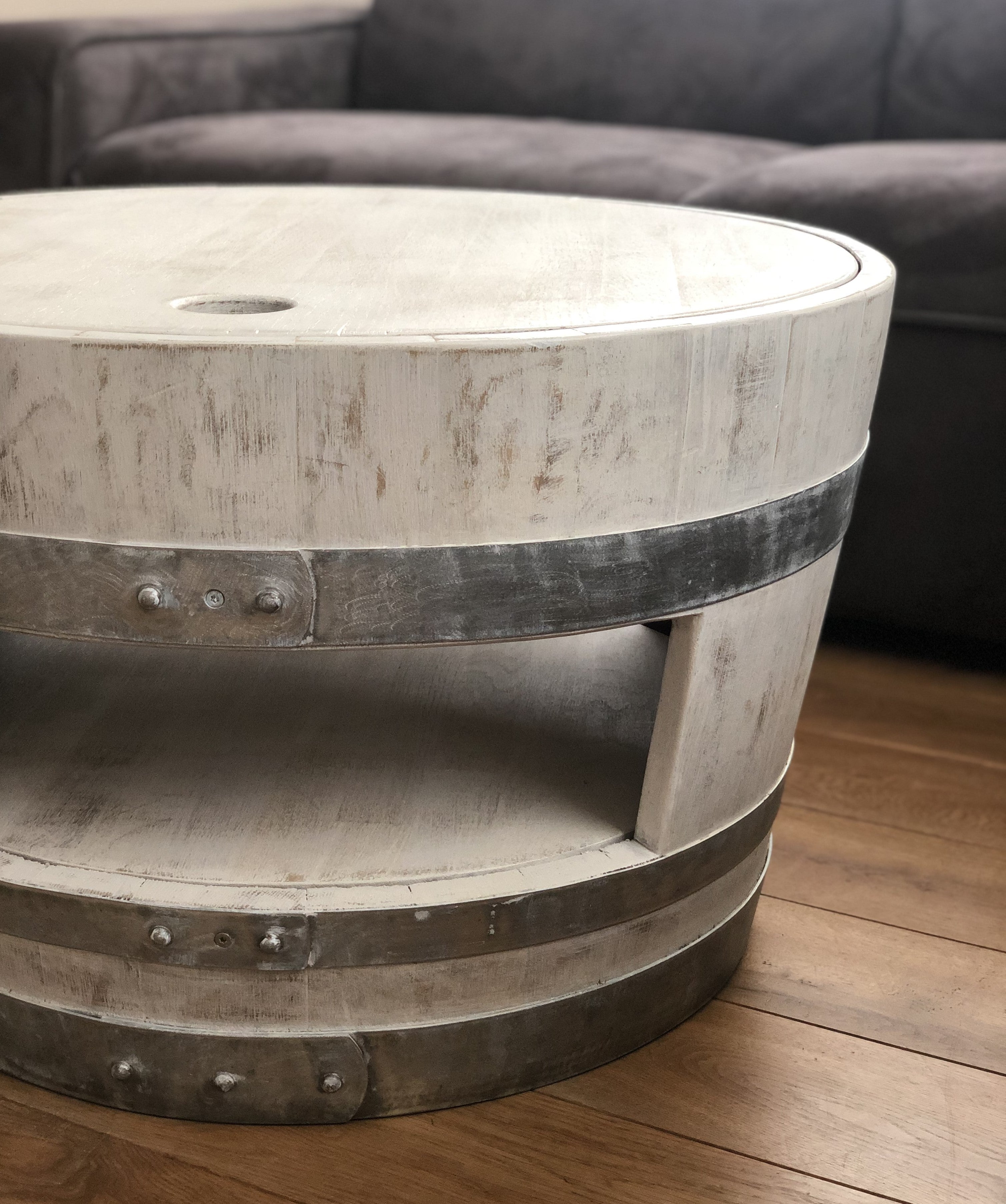 Weinfass Couchtisch mit Holzdeckel und Einlegeboden Shabby White