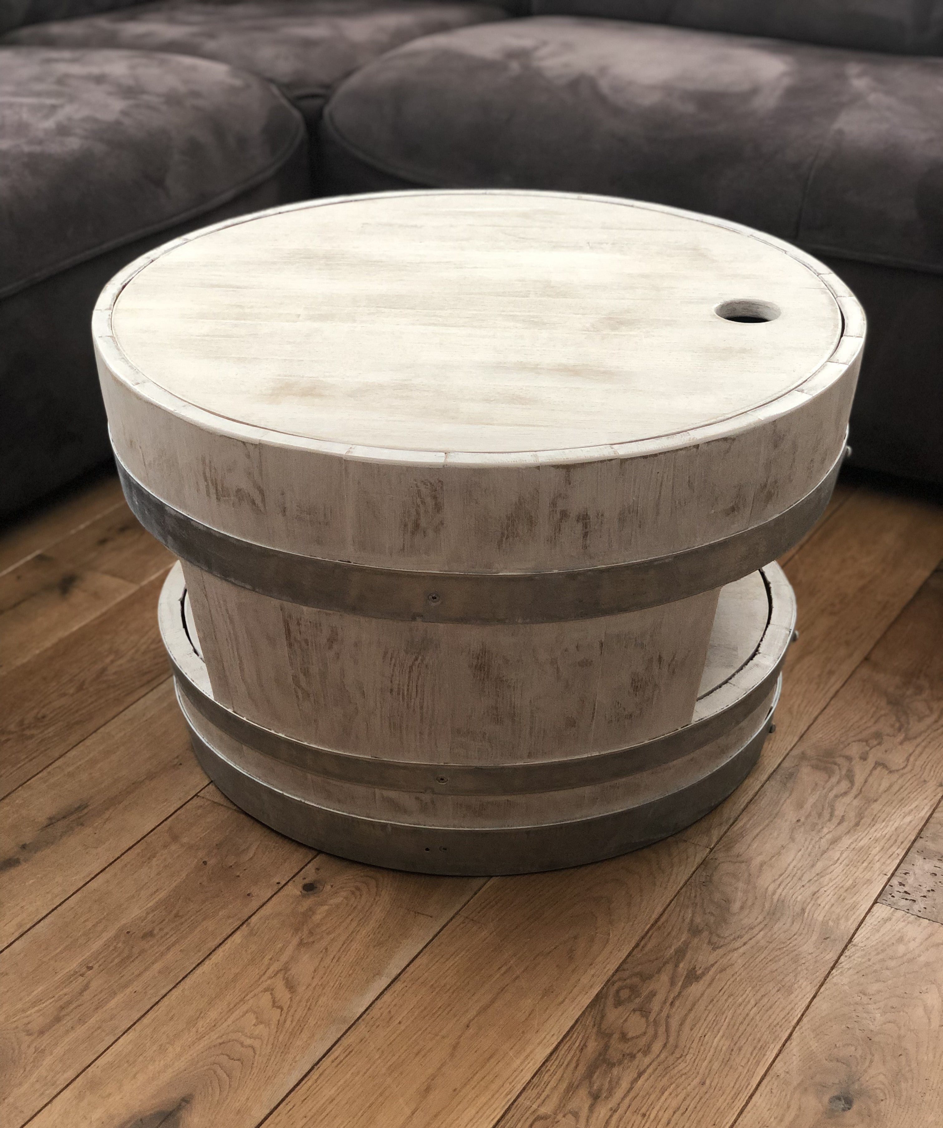 Weinfass Couchtisch mit Holzdeckel und Einlegeboden Shabby White