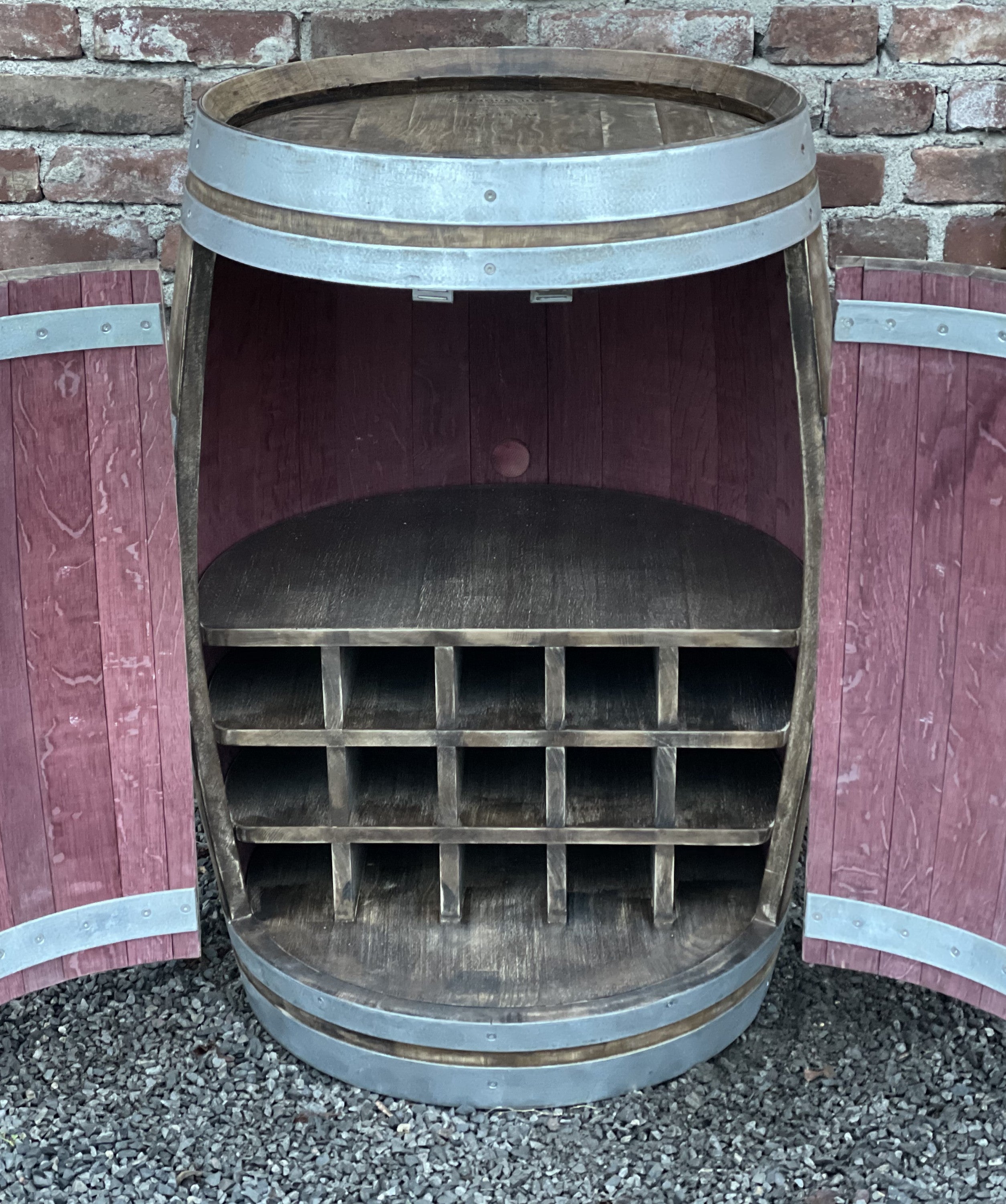 Weinfass Bar mit großen Türen, Flaschenhalter und Einlegeboden, 225L Weinfass