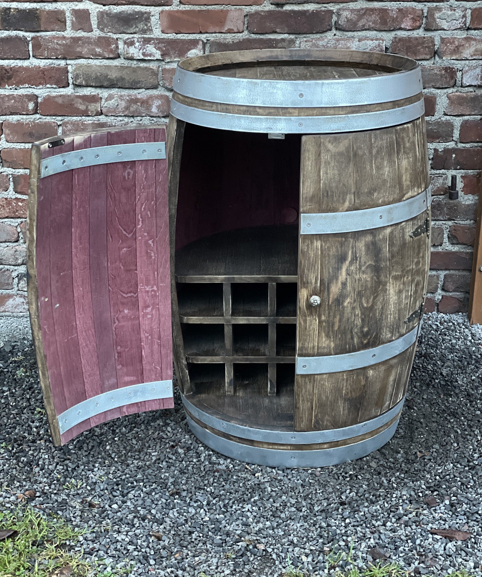 Weinfass Bar mit großen Türen, Flaschenhalter und Einlegeboden, 225L Weinfass