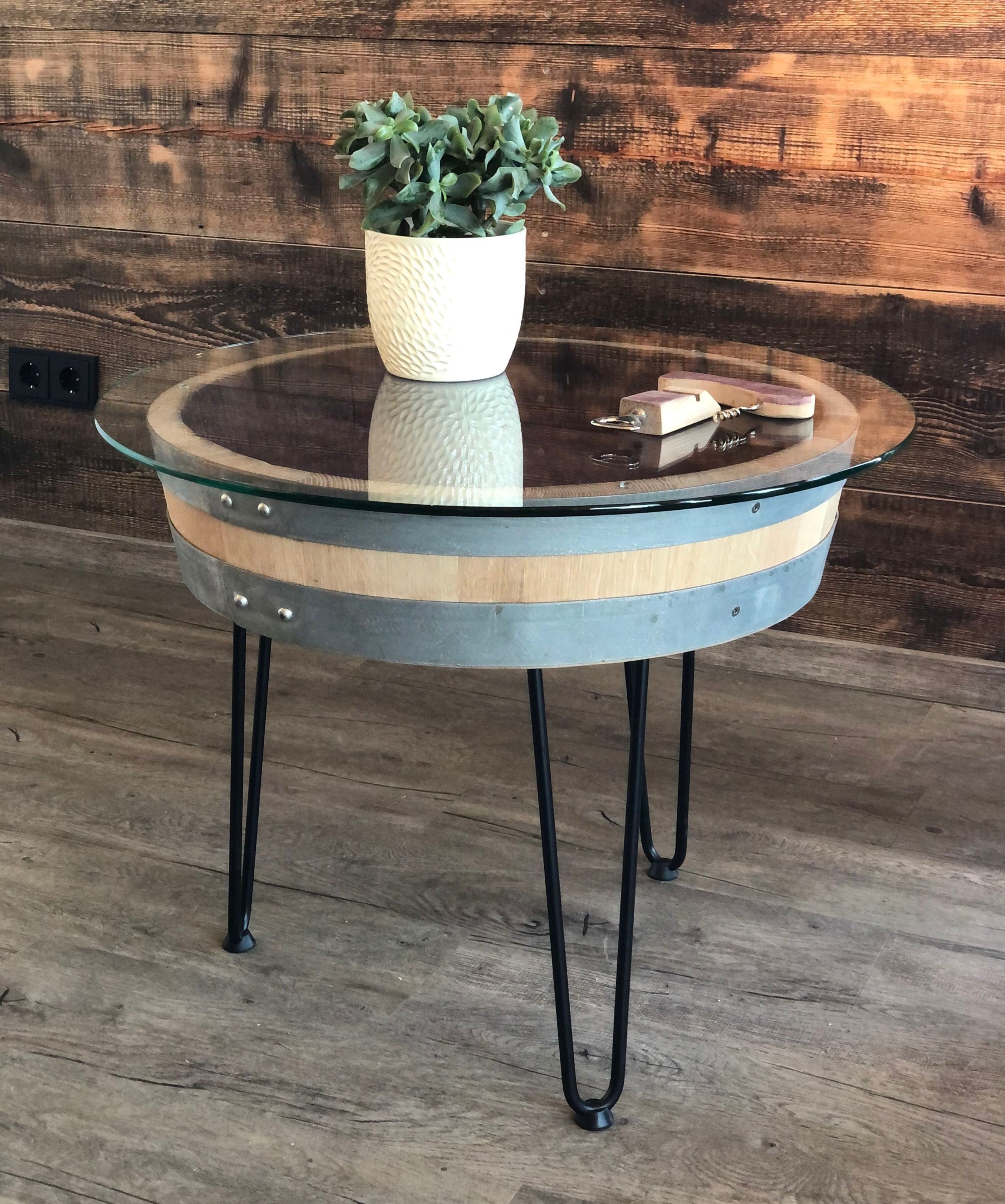 Weinfass Couchtisch Dreibein mit (70er) Glasplatte