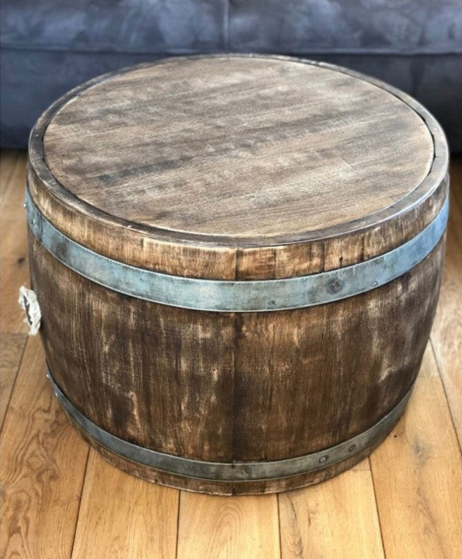 Bauchiger Weinfass Couchtisch mit Holzplatte aus Weinfass Mittelteil