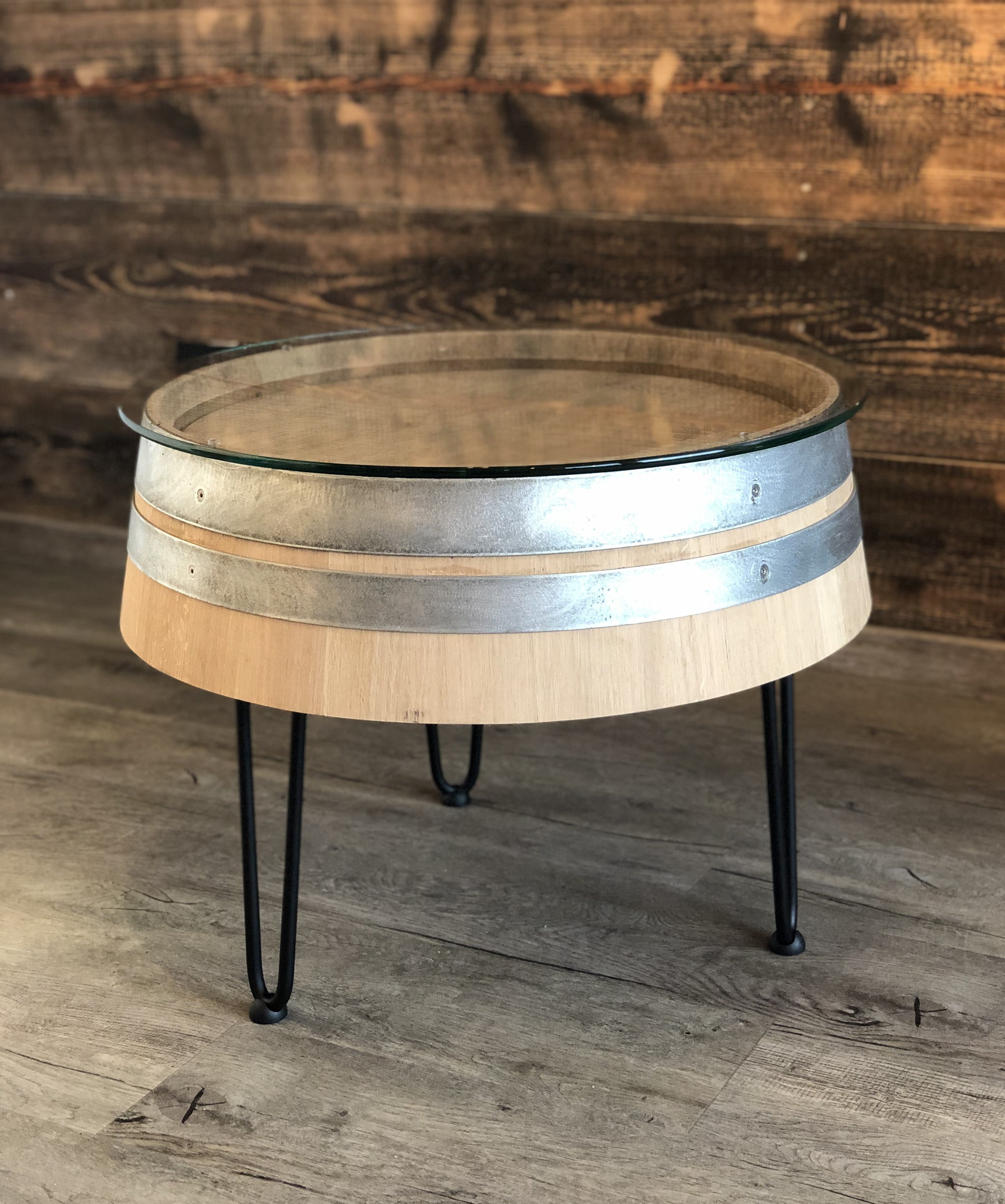 Weinfass Couchtisch Dreibein mit (60er) Glasplatte
