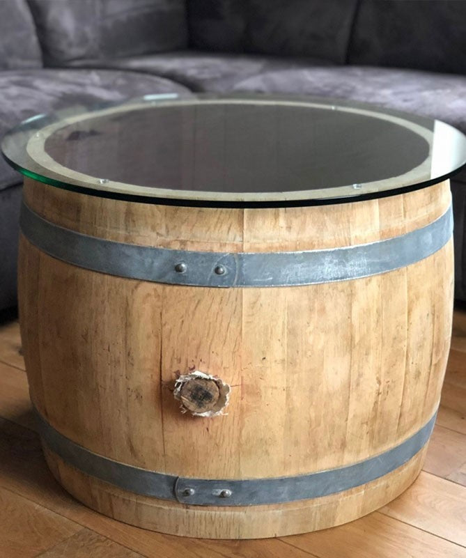 Weinfass Couchtisch bauchig mit (70er) Glasplatte