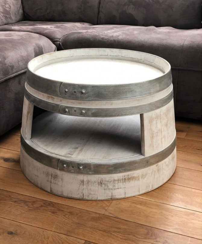 Weinfass Couchtisch mit Einlegeboden Shabby White