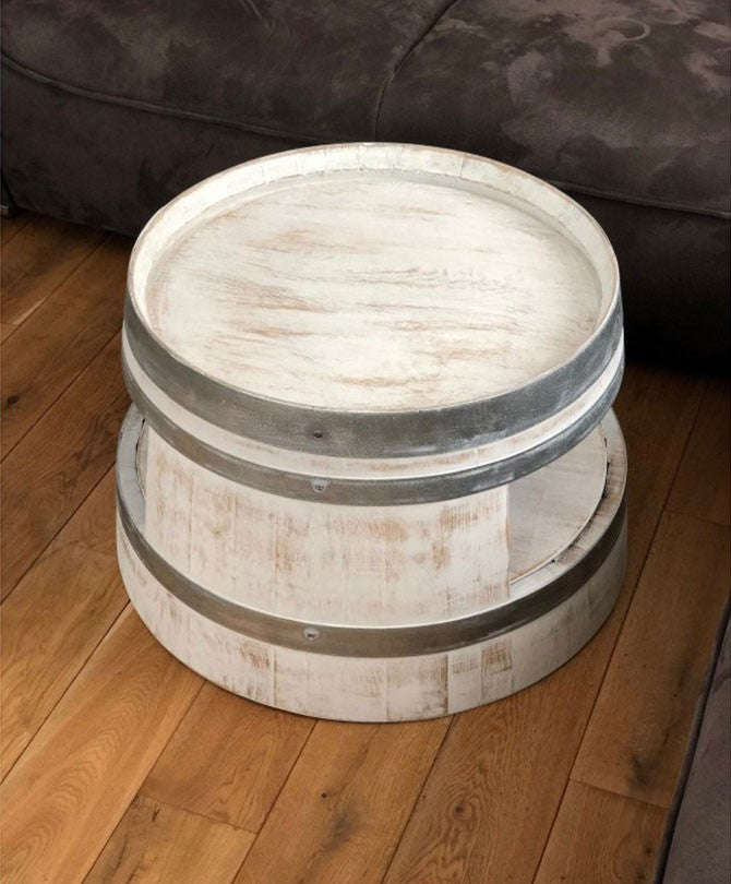 Weinfass Couchtisch mit Einlegeboden Shabby White