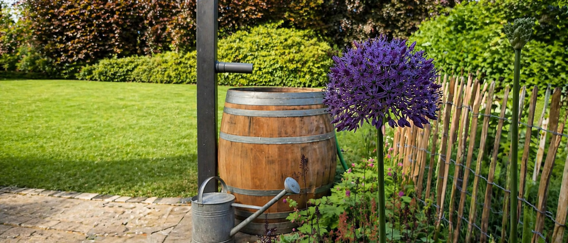 Regentonne aus gebrauchtem Eichenweinfass im Garten – Fass-Schmiede